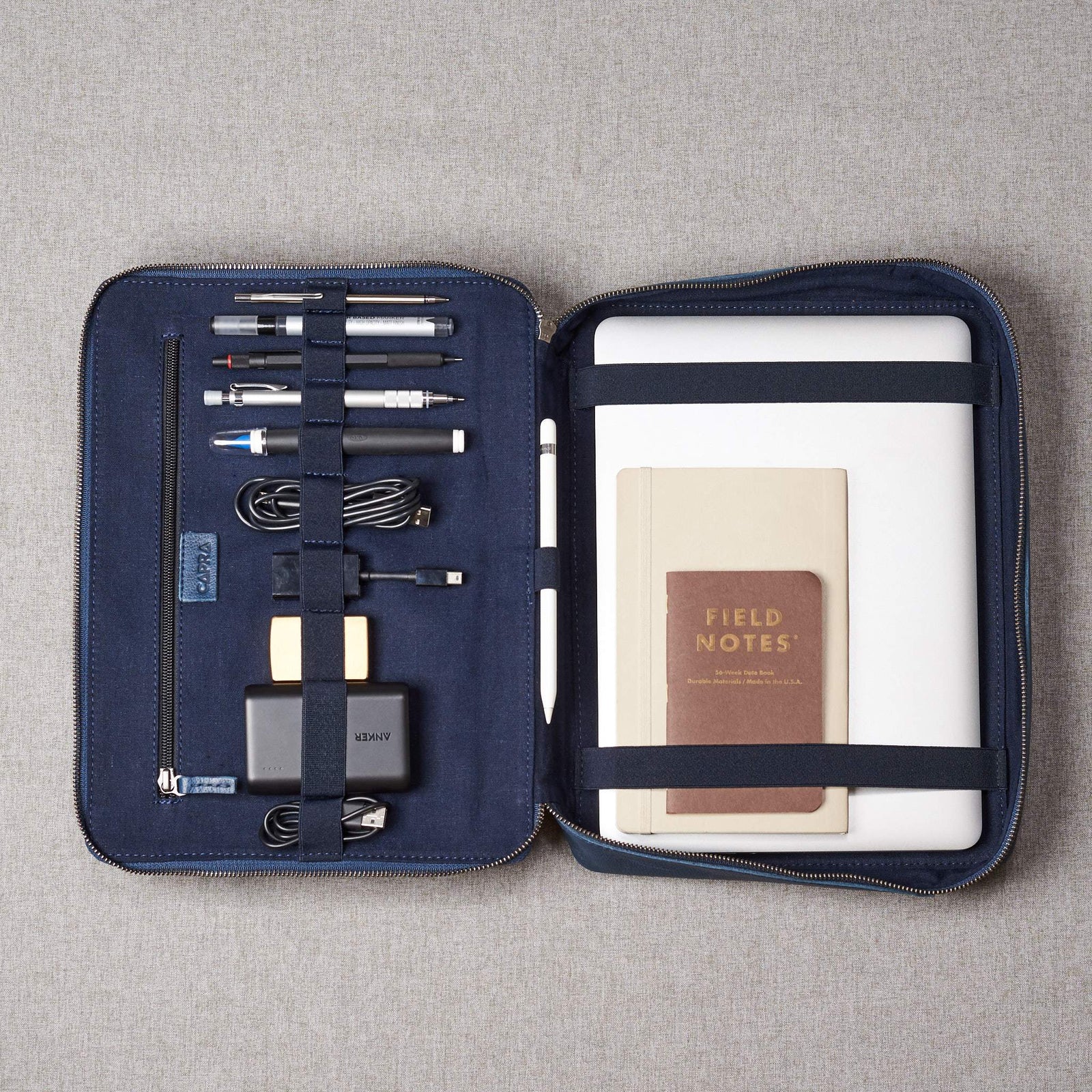 Everyday carry tech pouch. Navy blue large gadget bag by Capra Leather