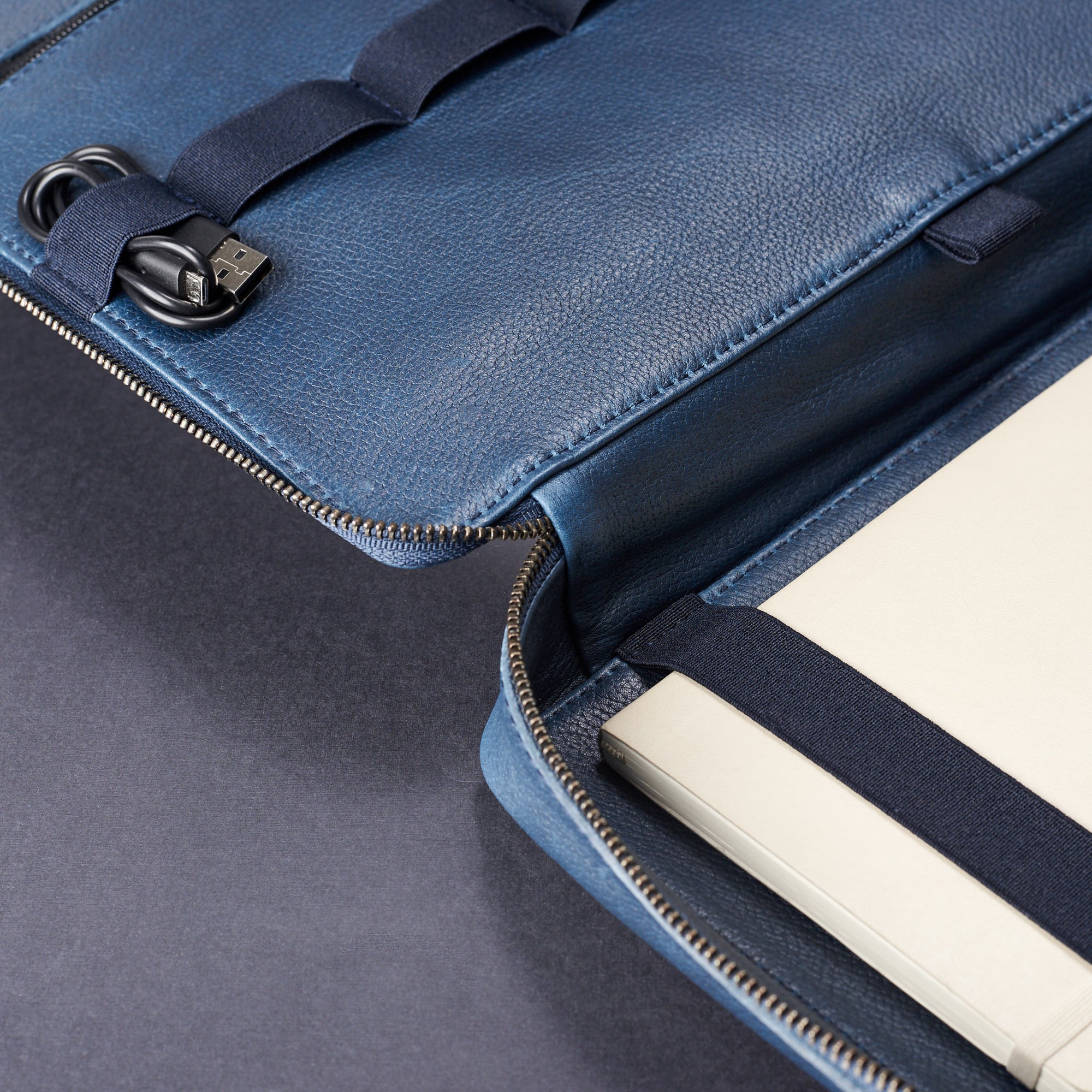 Leather interior and elastic slots. Navy blue gadget bag for travel by Capra Leather