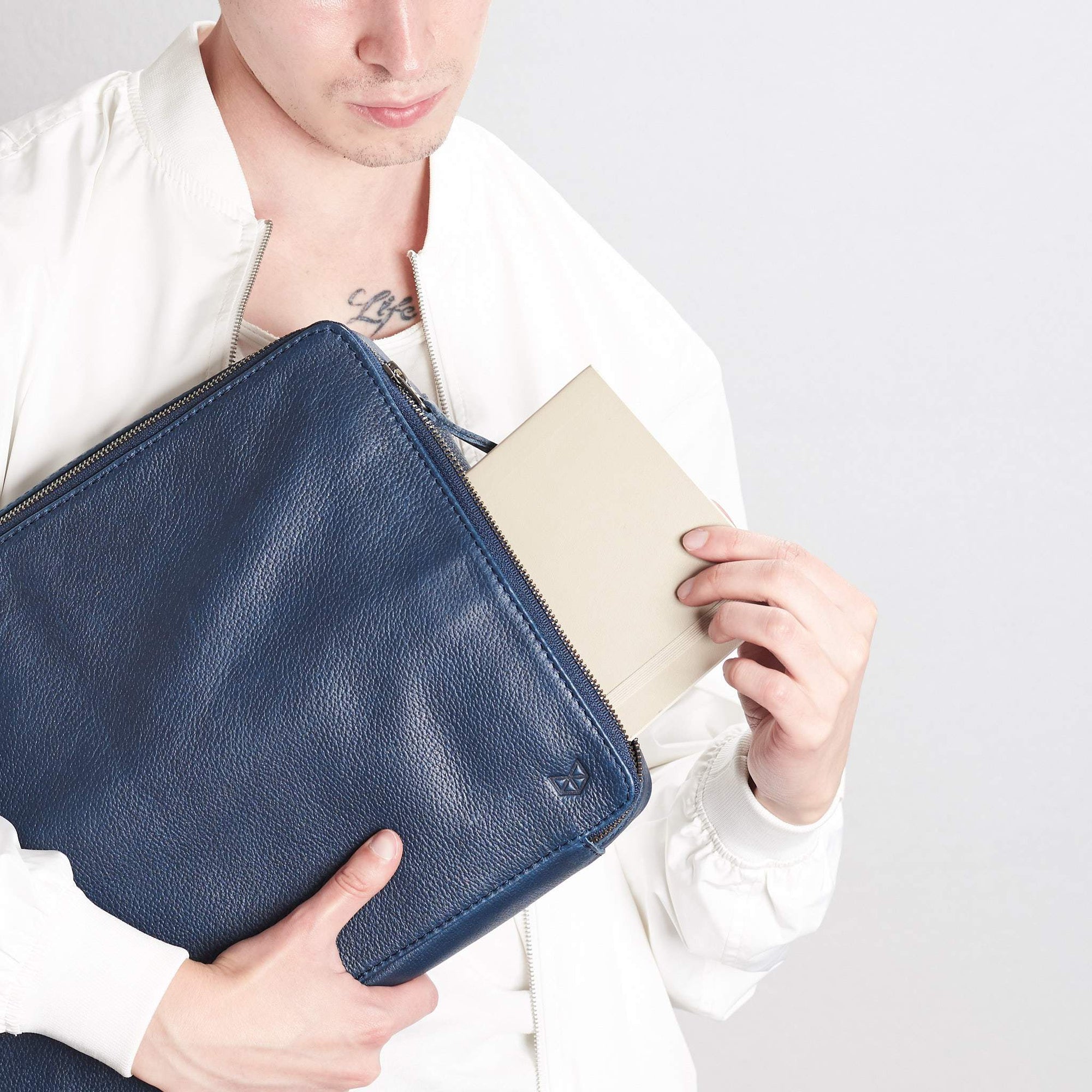 Style tech bags for men. Navy blue gadget bag for travel by Capra Leather
