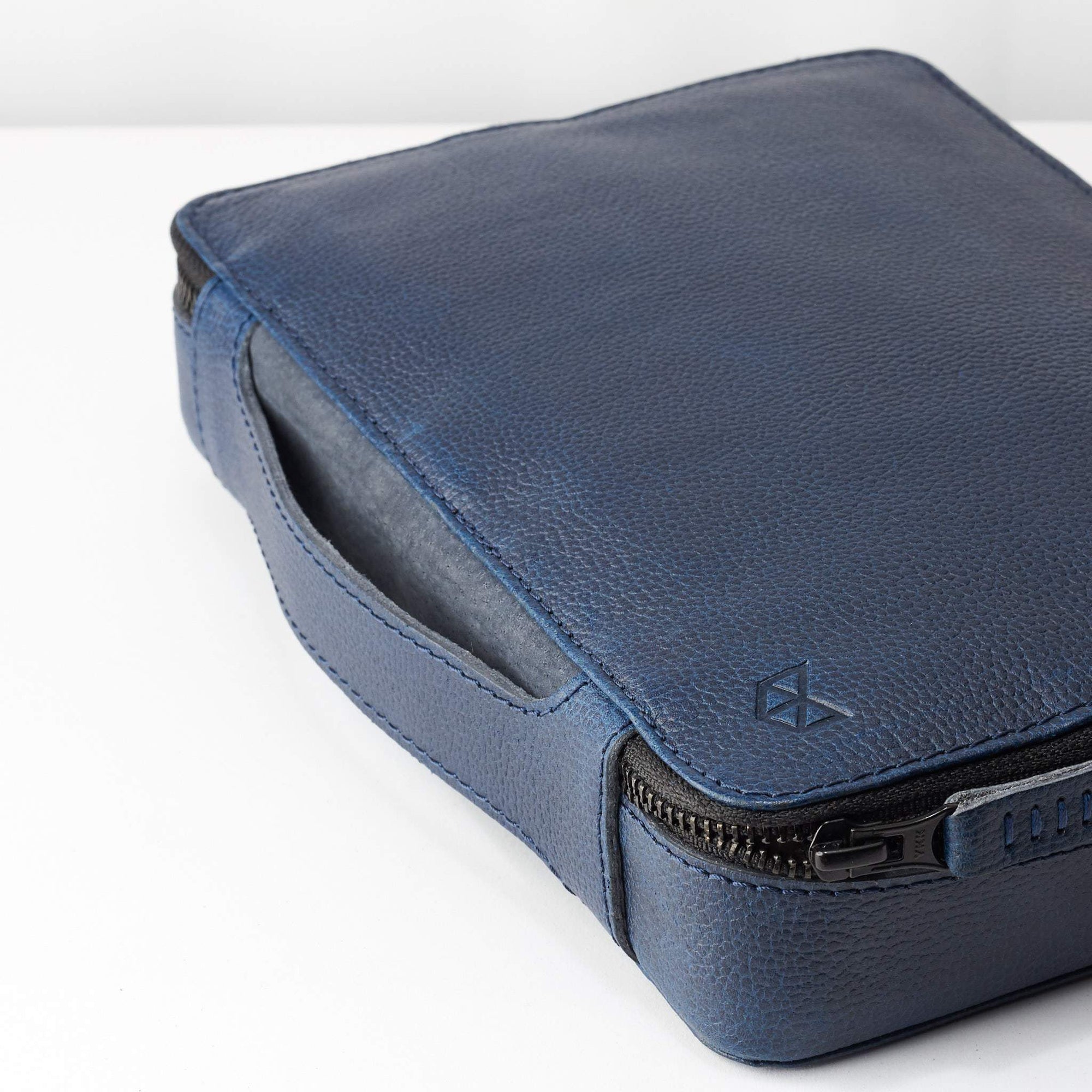 Best tech organizer bag for travel. Navy blue gadget pouch by Capra Leather