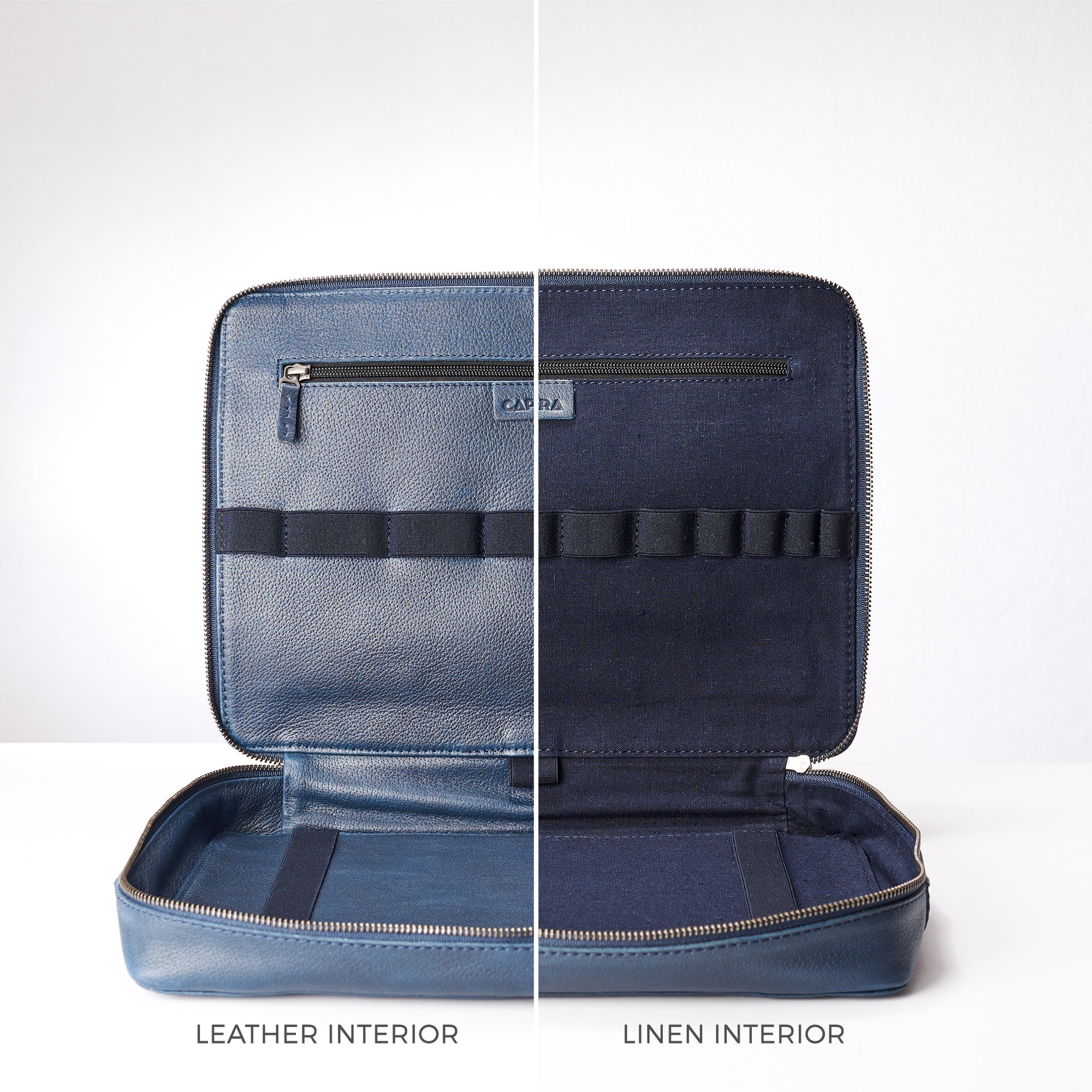 Leather and linen interior. Navy blue electronic organizer by Capra Leather