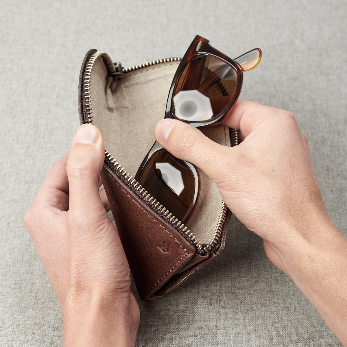 Linen Interior with sunglasses. Brown leather glasses case for men. Eye glasses sleeve for mens gifts