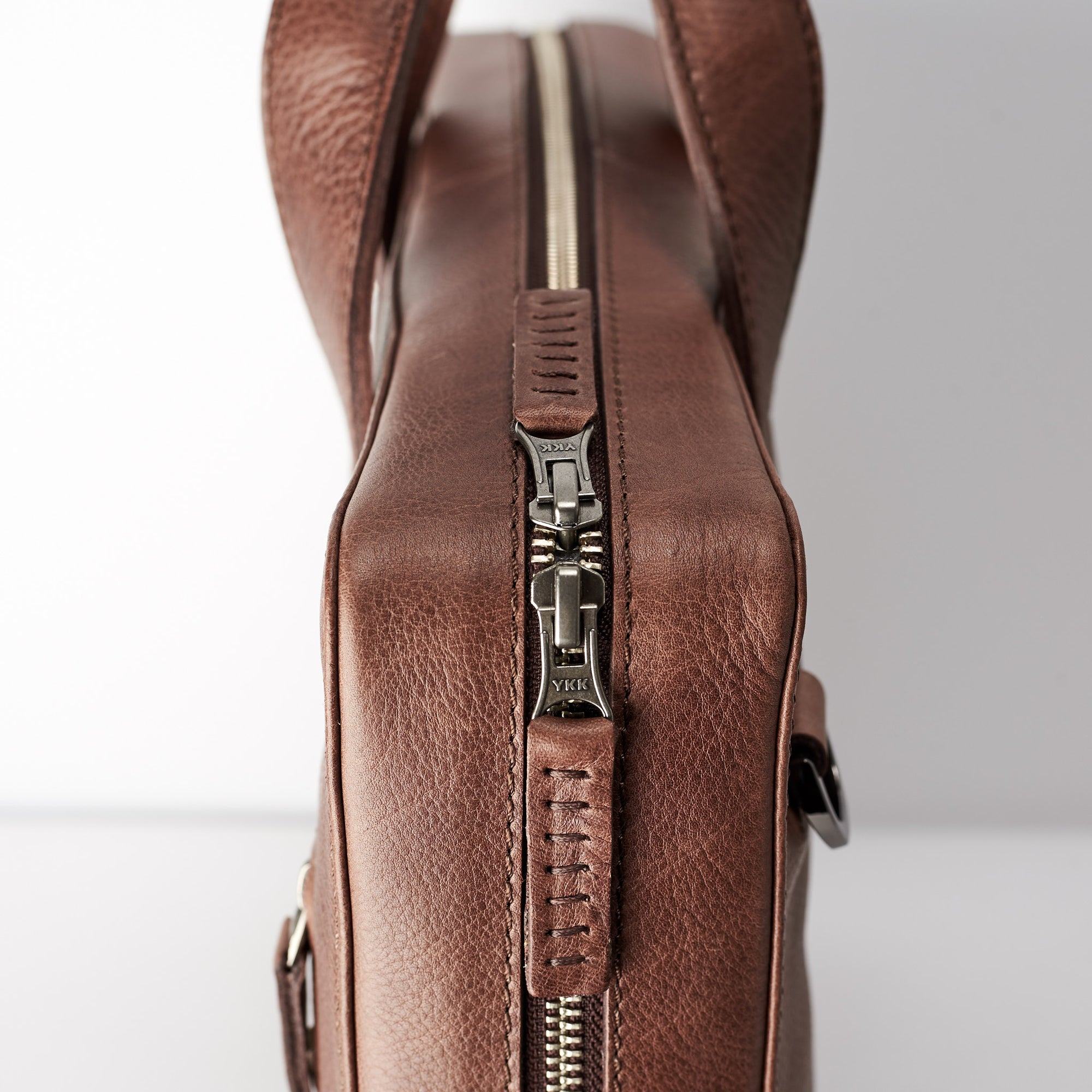 YKK zipper detail. Brown leather briefcase for mens gifts. Custom office bag