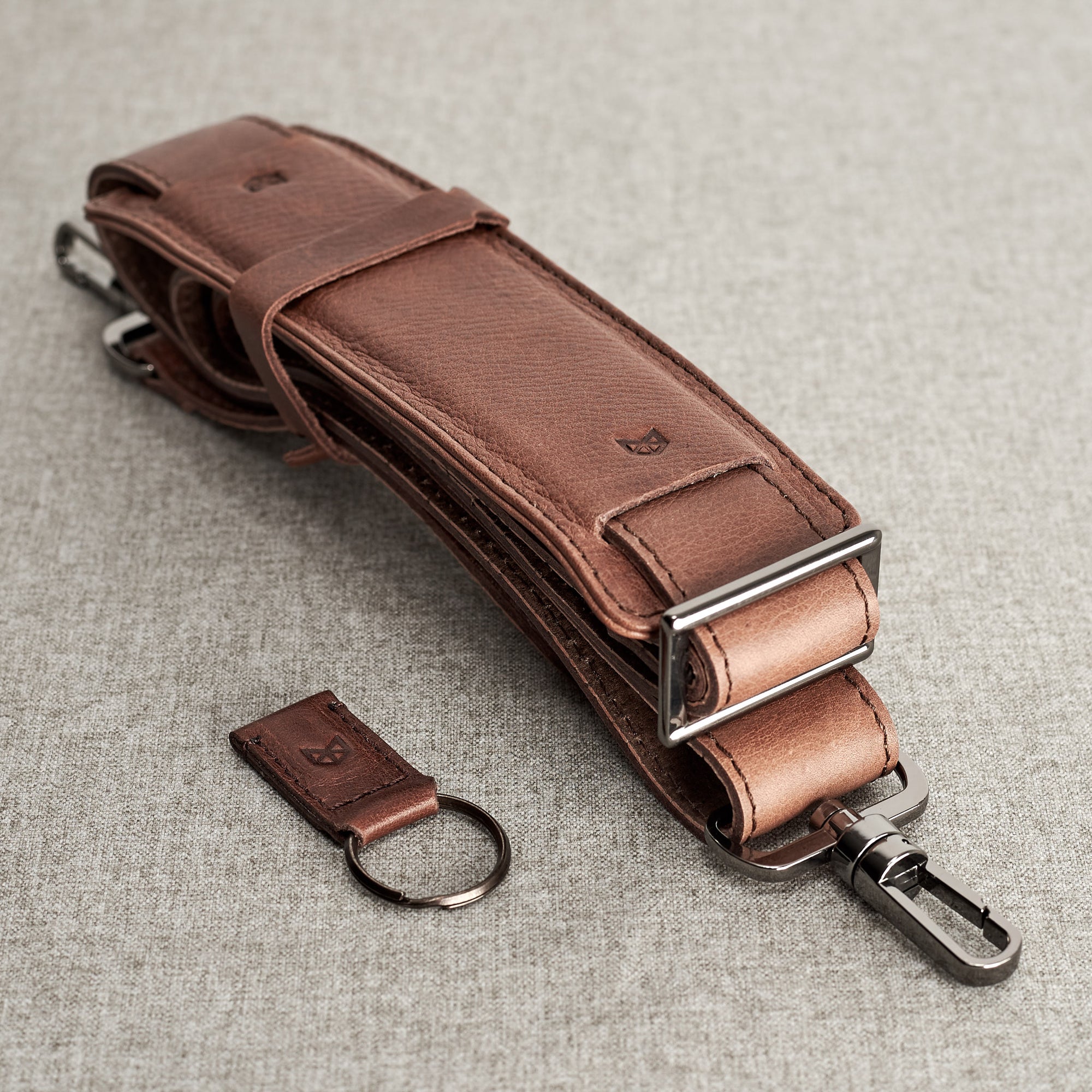 Shoulder strap and key chain holder detail. Brown leather workbag. Mens handmade satchel  