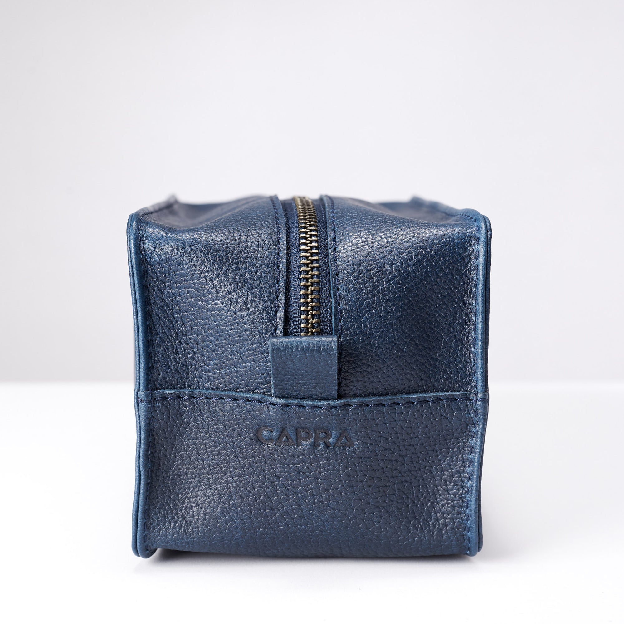 Zipper. Ocean blue leather toiletry, shaving bag with hand stitched handle. Groomsmen gifts. Leather good crafted by Capra Leather 