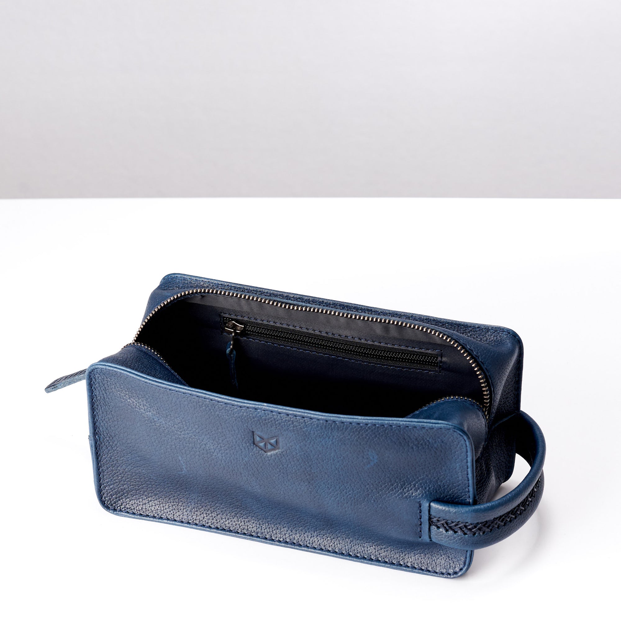 Pocket. Ocean blue leather toiletry, shaving bag with hand stitched handle. Groomsmen gifts. Leather good crafted by Capra Leather 