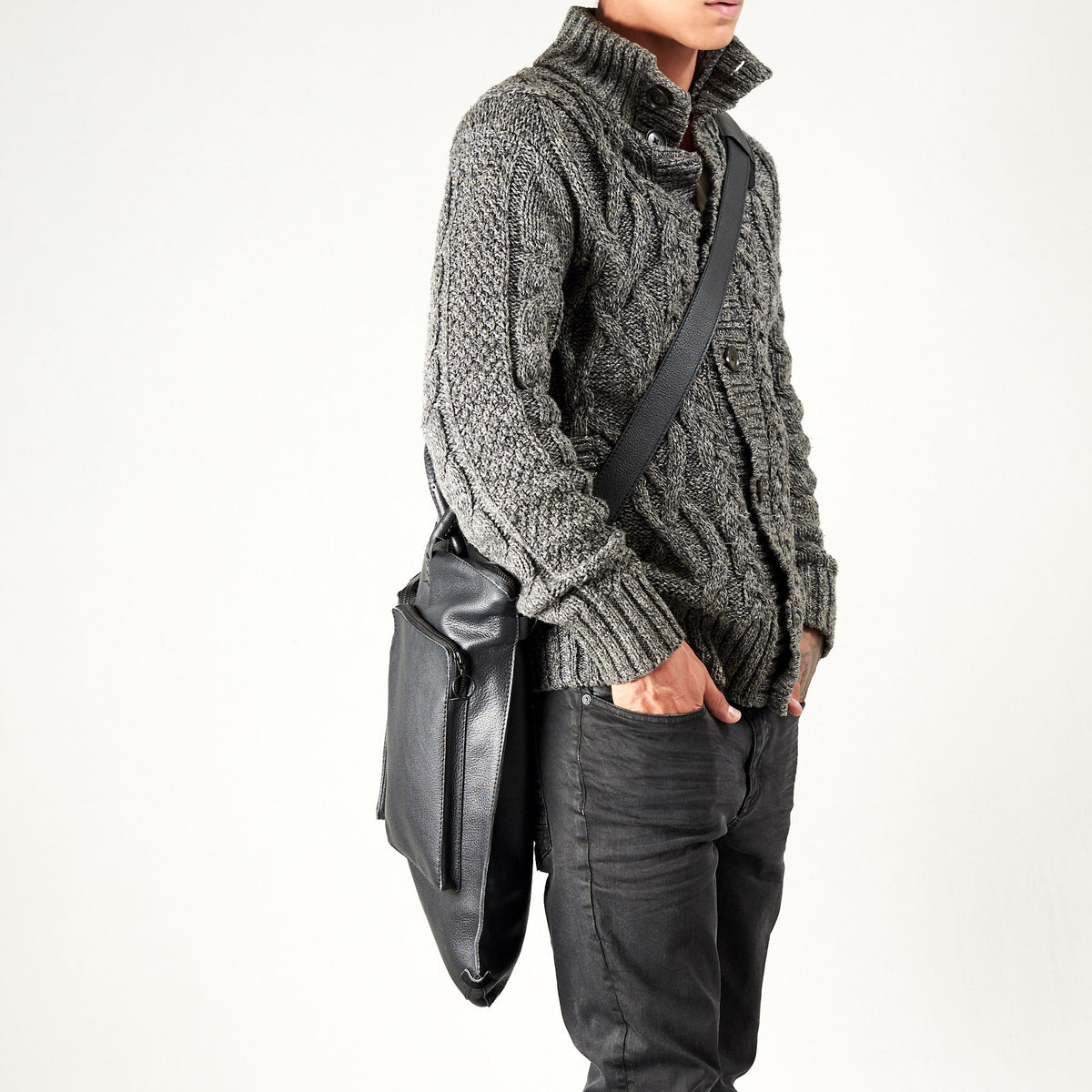 Style walking side tote. Black tote zipper bag by Capra Leather. Handmade men work bag.