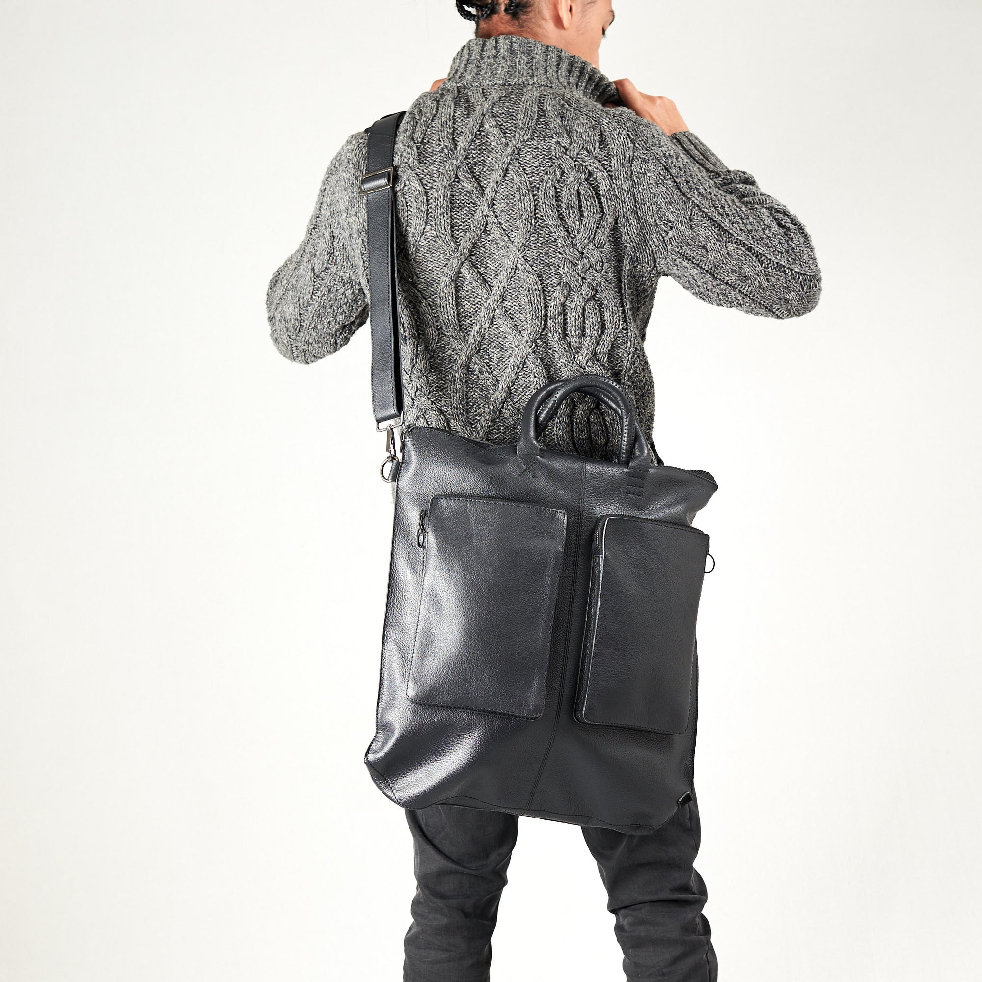 Style shoulder strap use. Black tote zipper bag by Capra Leather. Handmade men work bag.