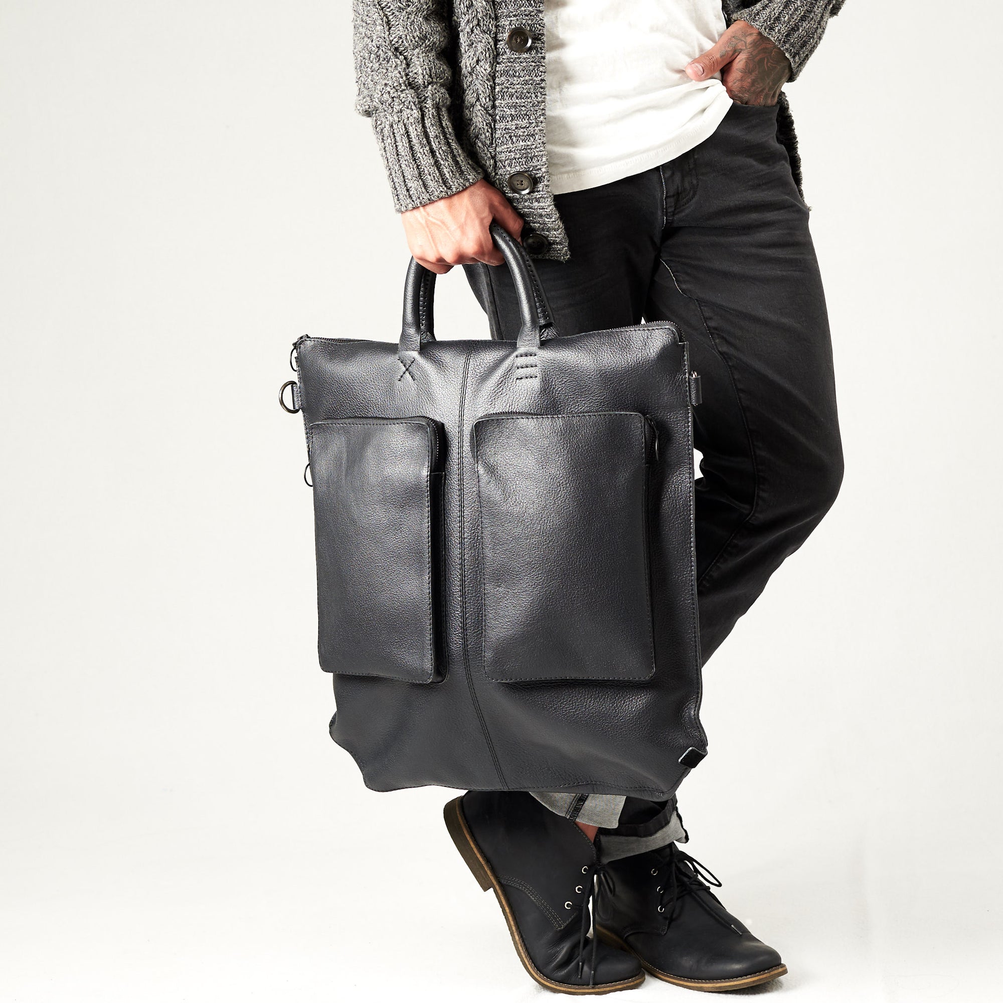 Style cylinder handles. Black tote zipper bag by Capra Leather. Handmade men work bag.