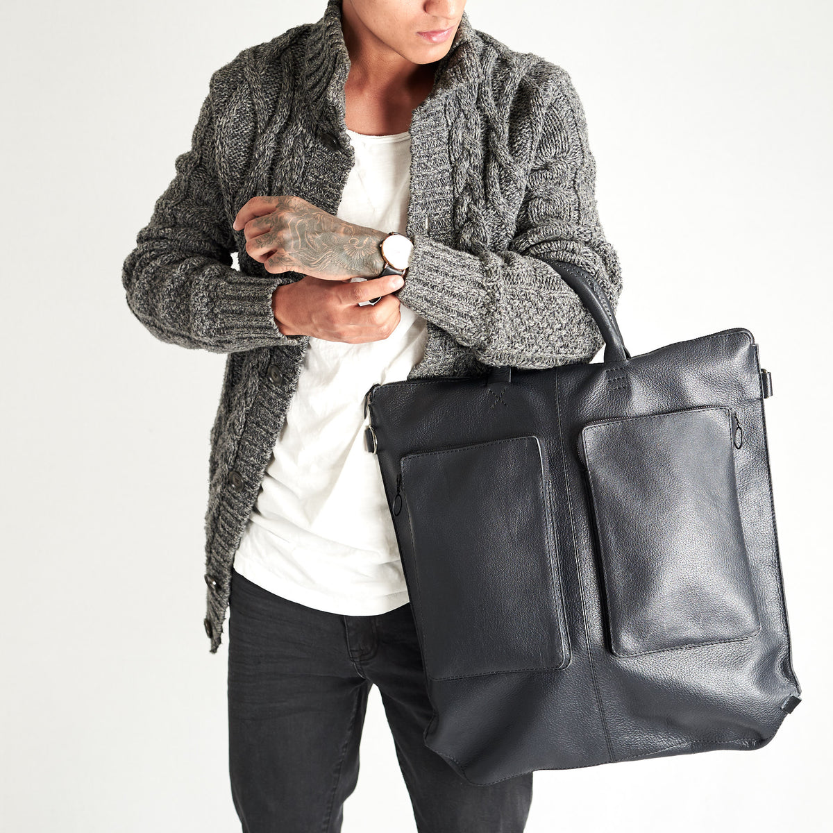 Style model half body and tote. Black tote zipper bag by Capra Leather. Handmade men work bag.