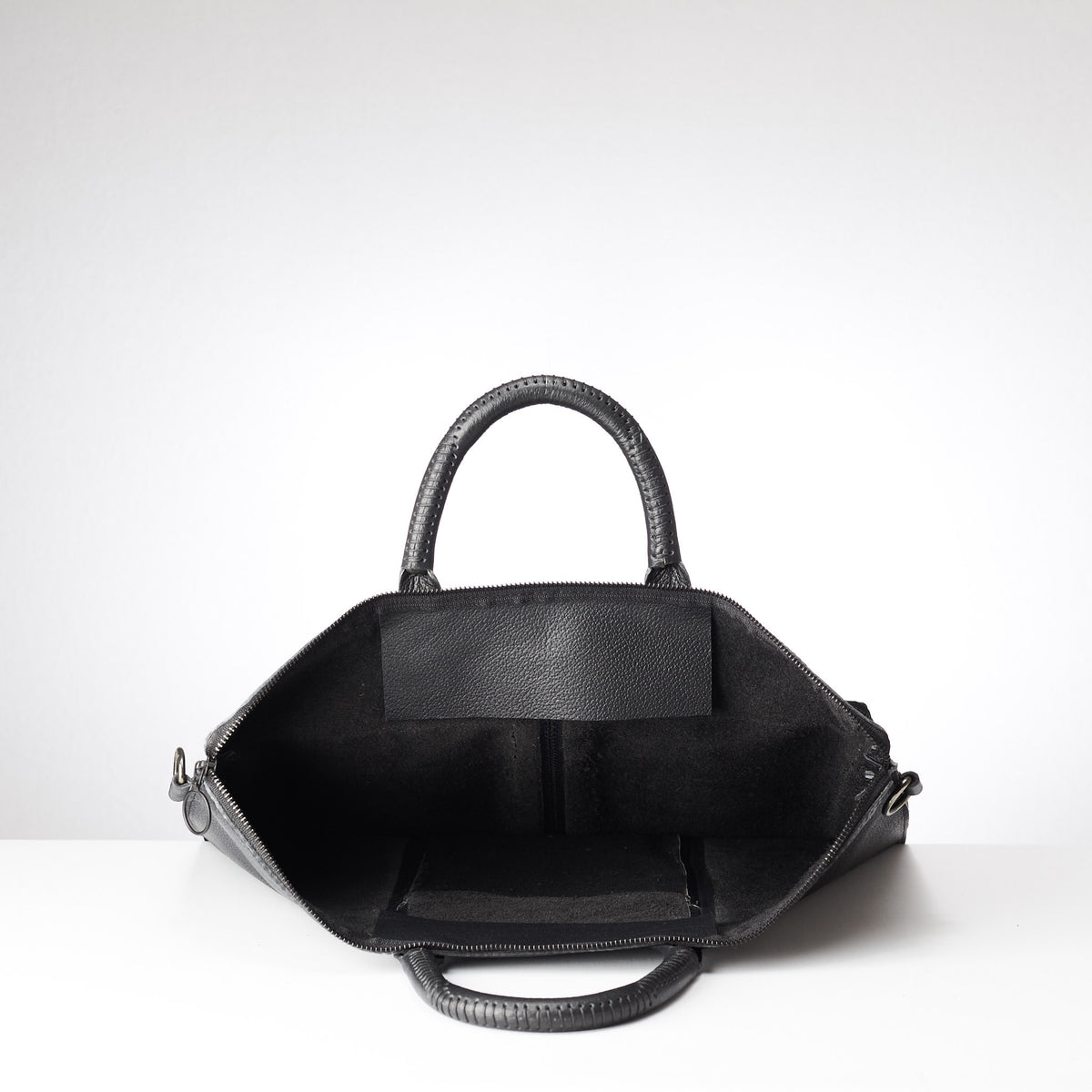 Tote Inside view. Black tote zipper bag by Capra Leather. Handmade men work bag.