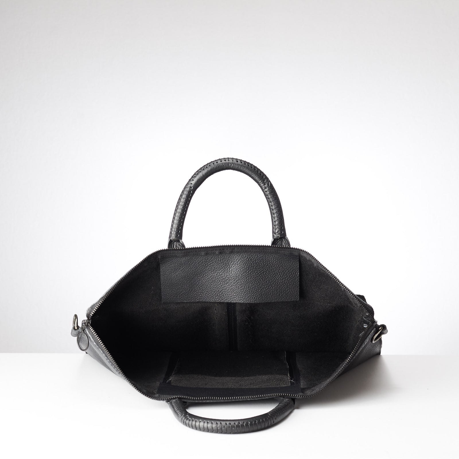 Tote Inside view. Black tote zipper bag by Capra Leather. Handmade men work bag.