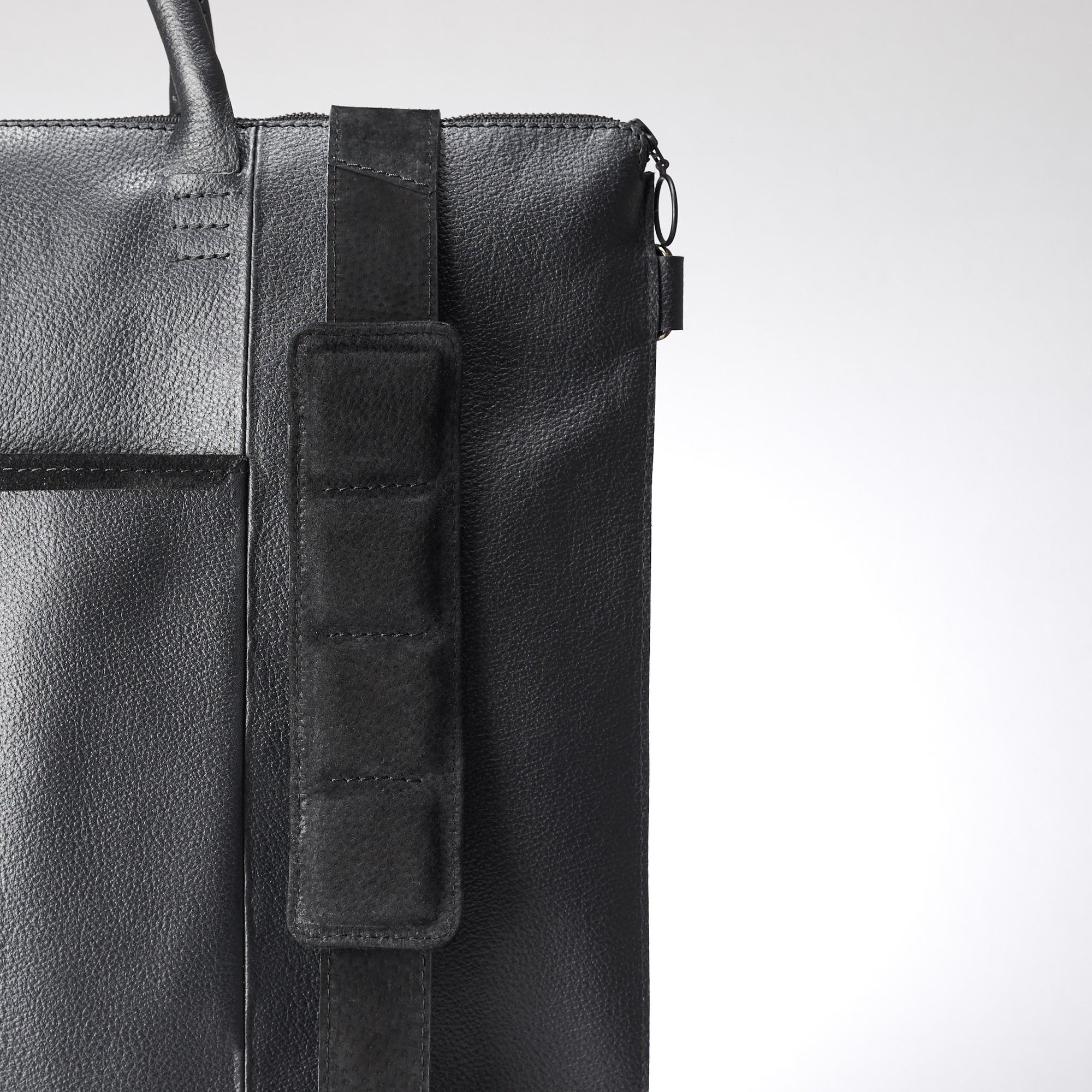 Extra padded shoulder strap. Black tote zipper bag by Capra Leather. Handmade men work bag.