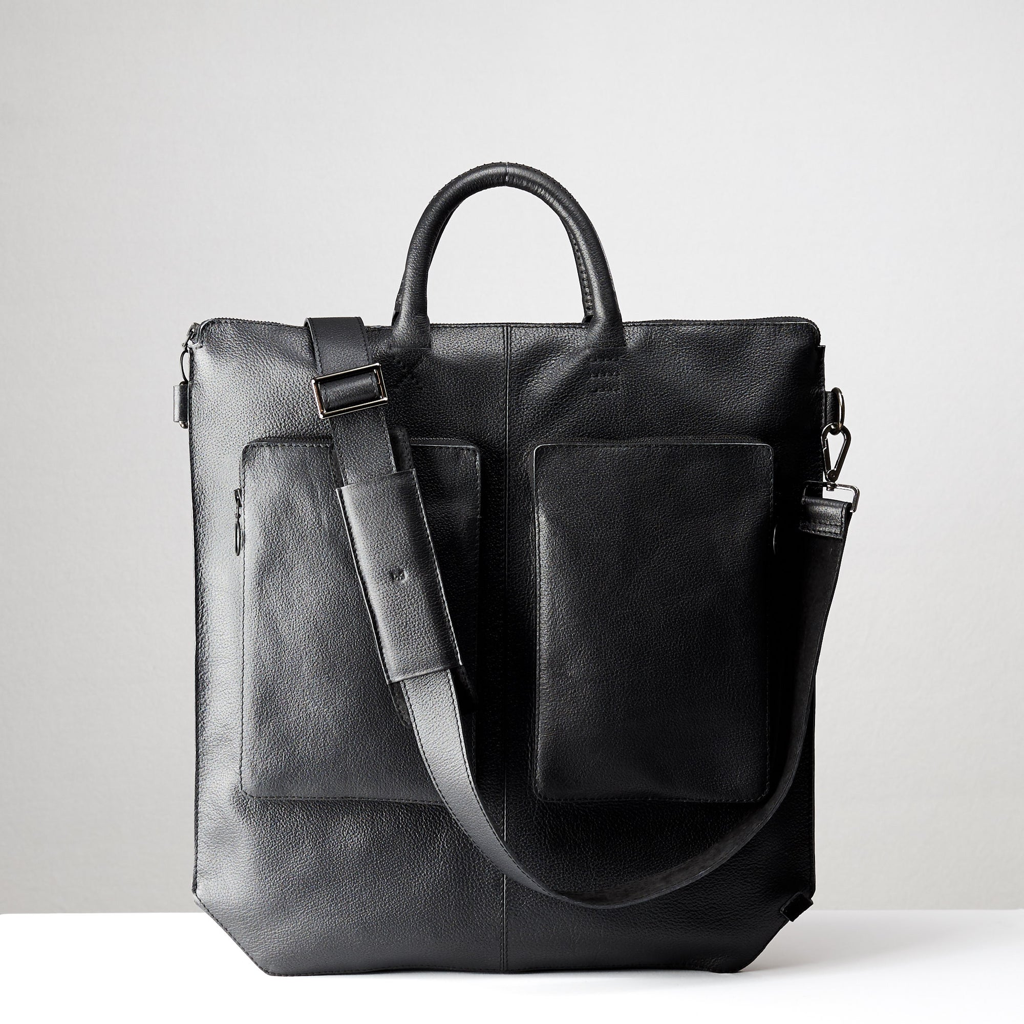 Detachable shoulder strap. Black tote zipper bag by Capra Leather. Handmade men work bag.