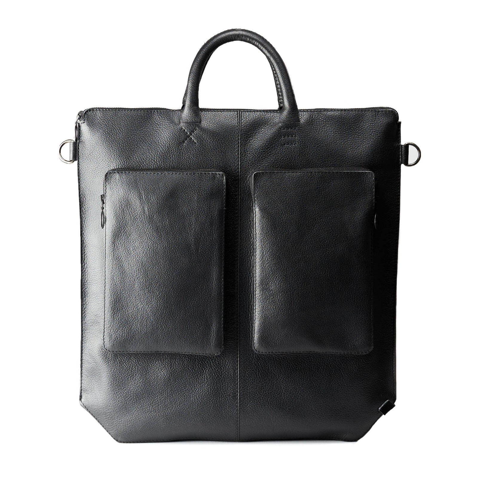 Front side in leather. Black tote zipper bag by Capra Leather. Handmade men work bag.