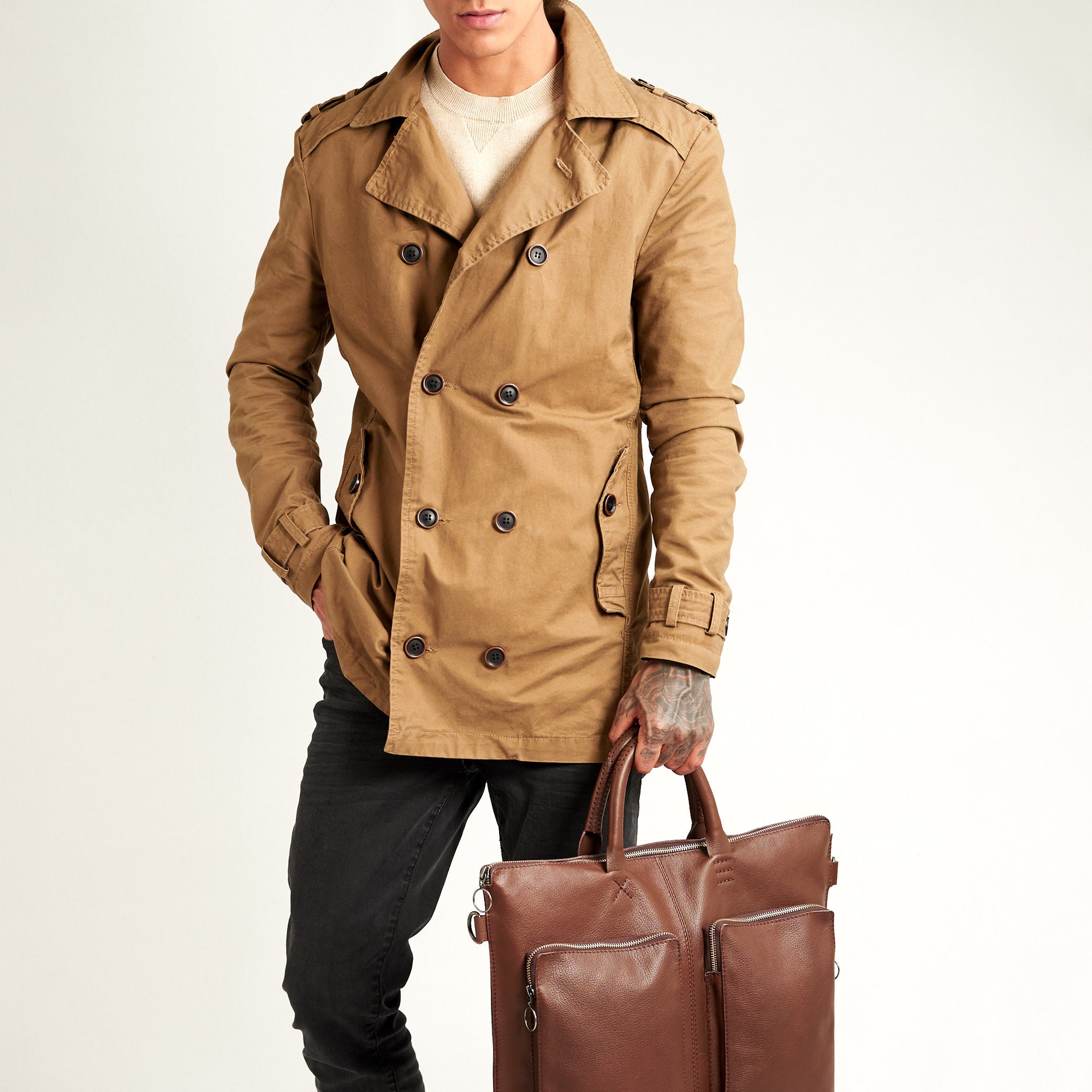 Style model with jacket and tote. Brown tote zipper bag by Capra Leather. Handmade men work bag.