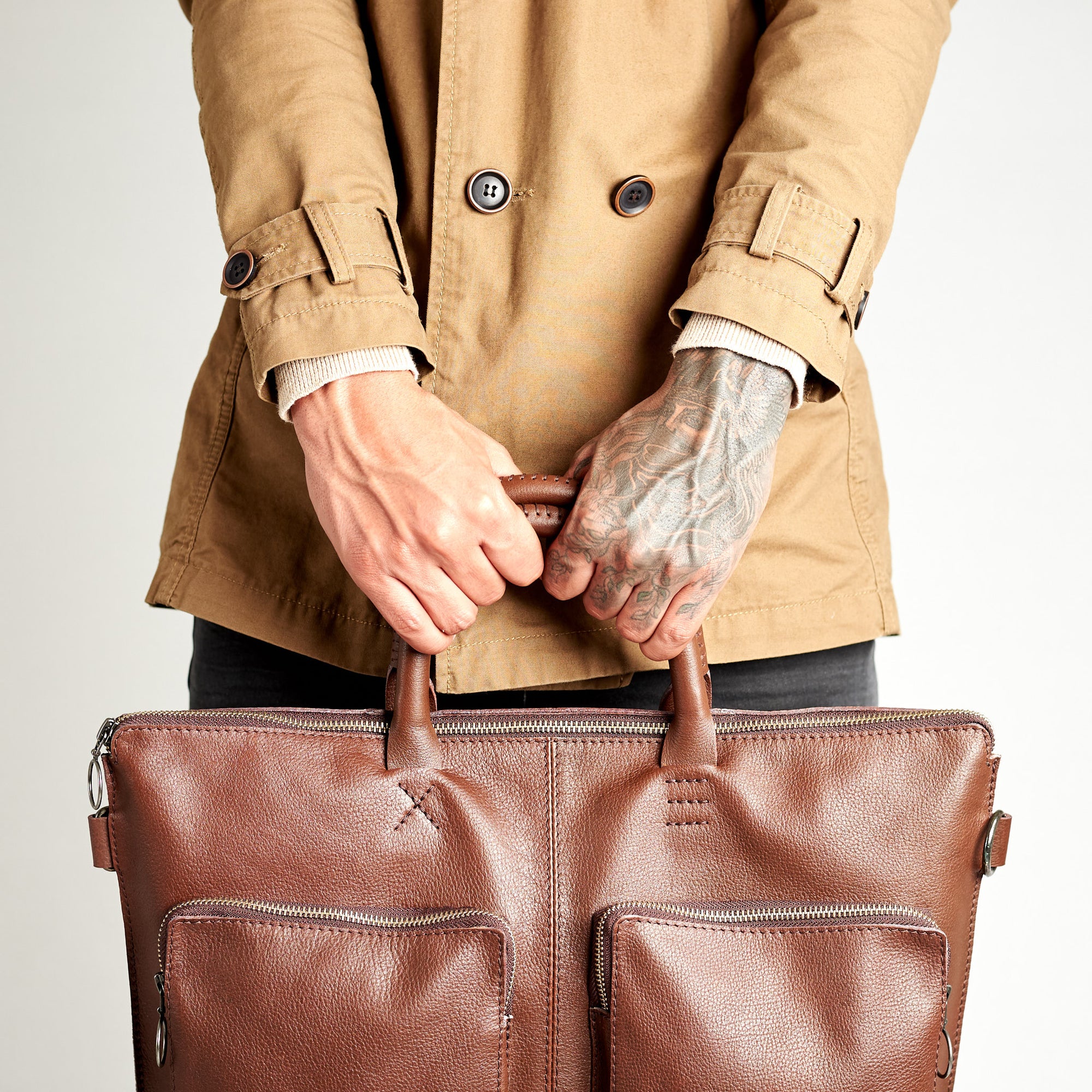 Style cylinder handles. Brown tote zipper bag by Capra Leather. Handmade men work bag.