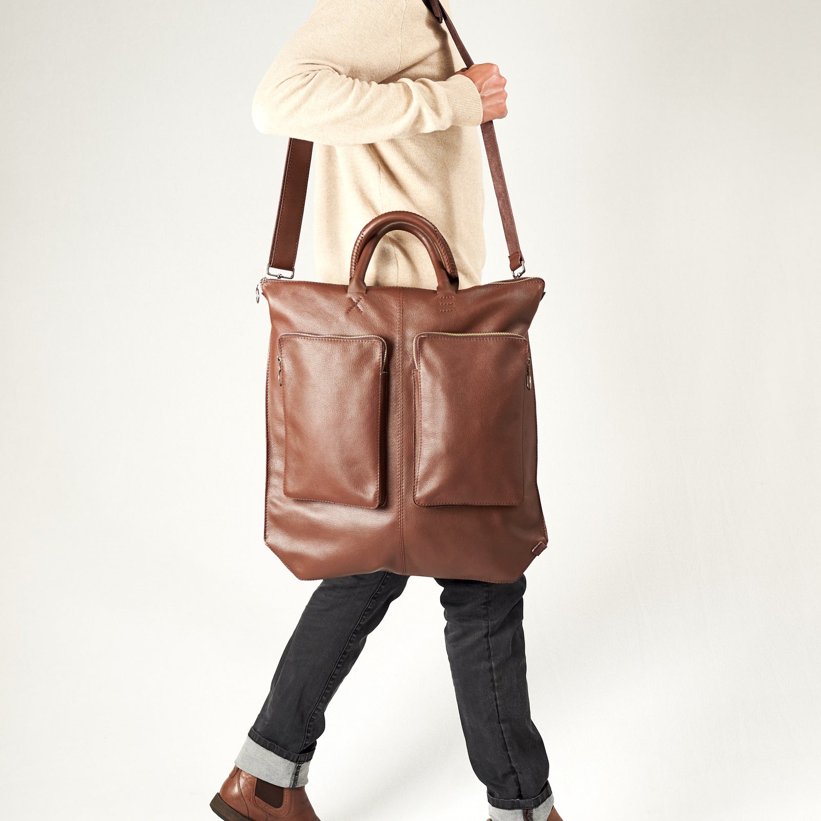 Style walking side tote. Brown tote zipper bag by Capra Leather. Handmade men work bag.