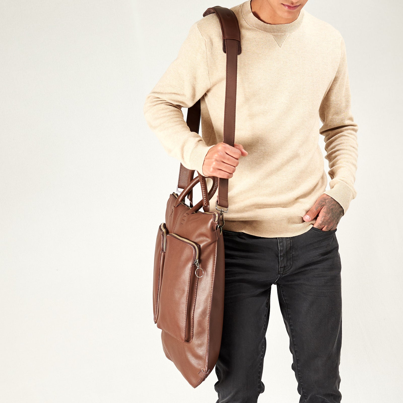 Style side tote. Brown tote zipper bag by Capra Leather. Handmade men work bag.