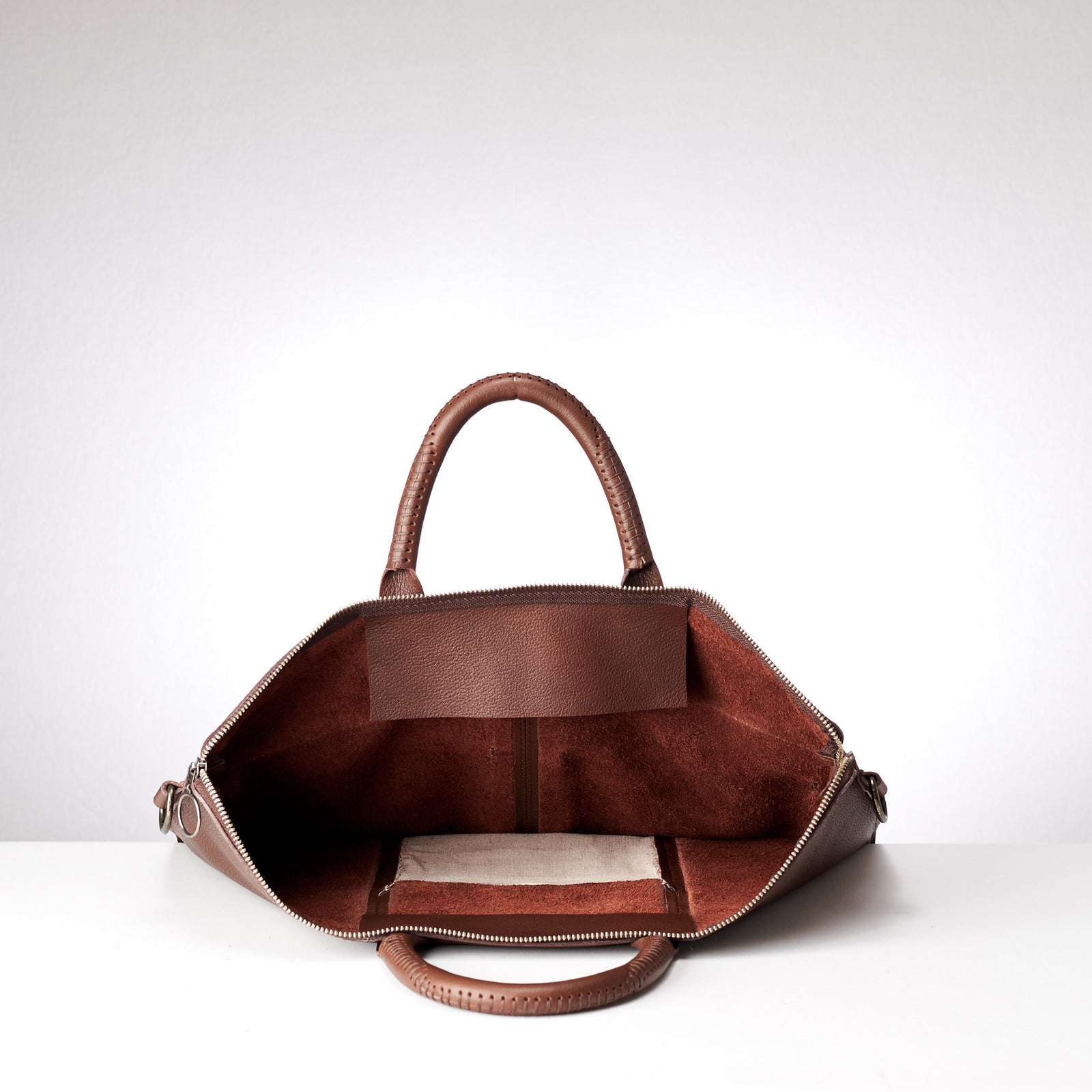 Inside fabric. Brown tote zipper bag by Capra Leather. Handmade men work bag.