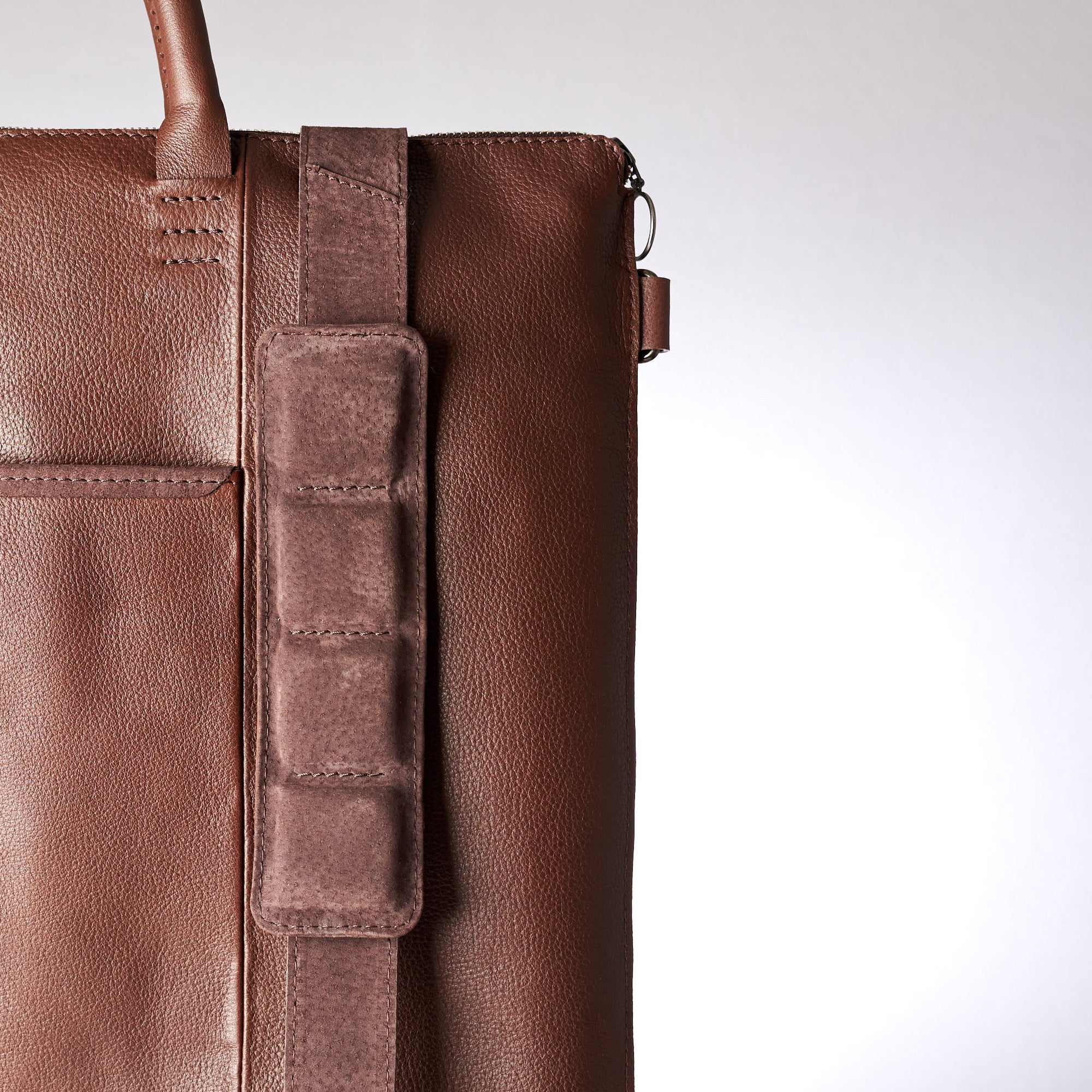 Padded shoulder strap. Brown tote zipper bag by Capra Leather. Handmade men work bag.