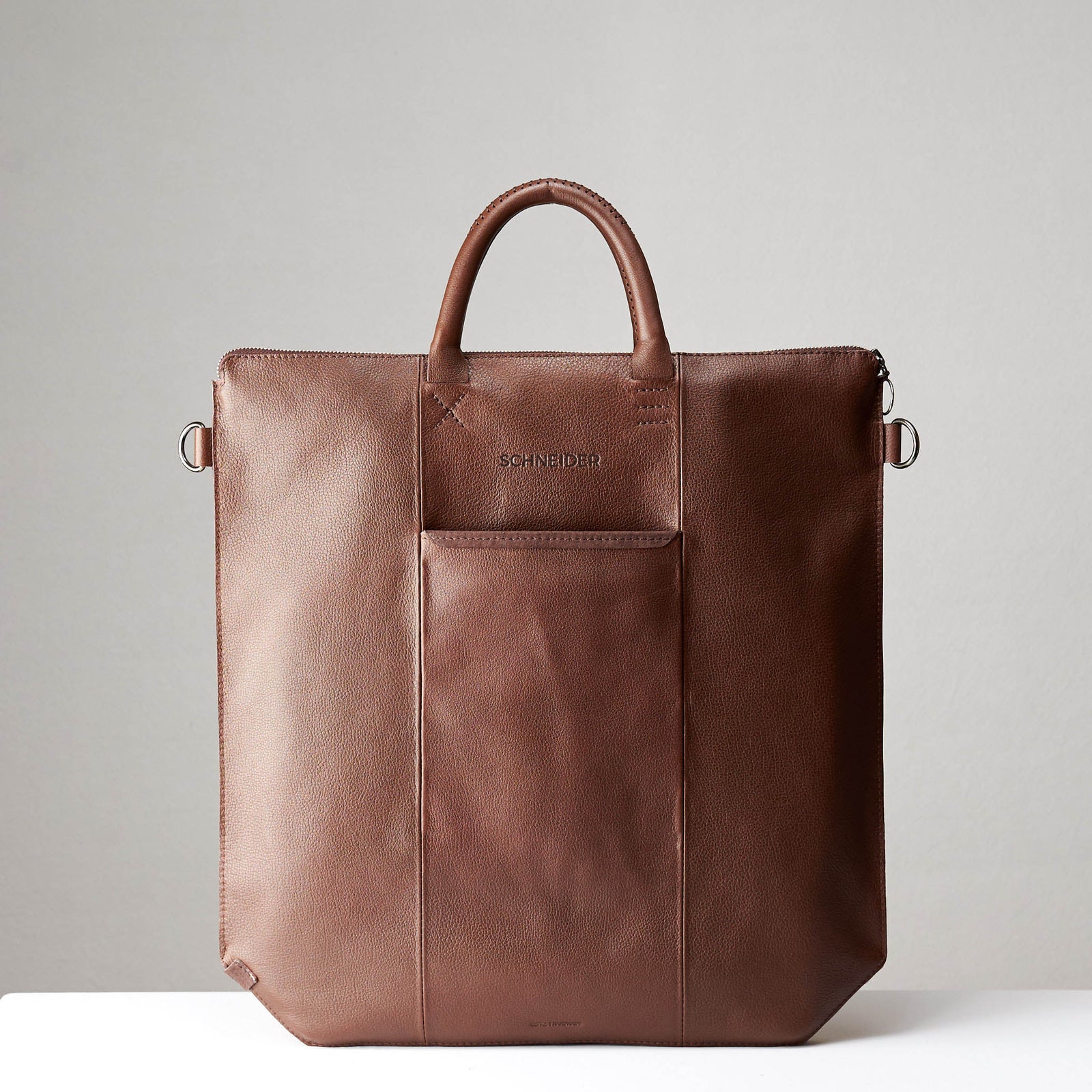 Back view with pocket. Brown tote zipper bag by Capra Leather. Handmade men work bag.