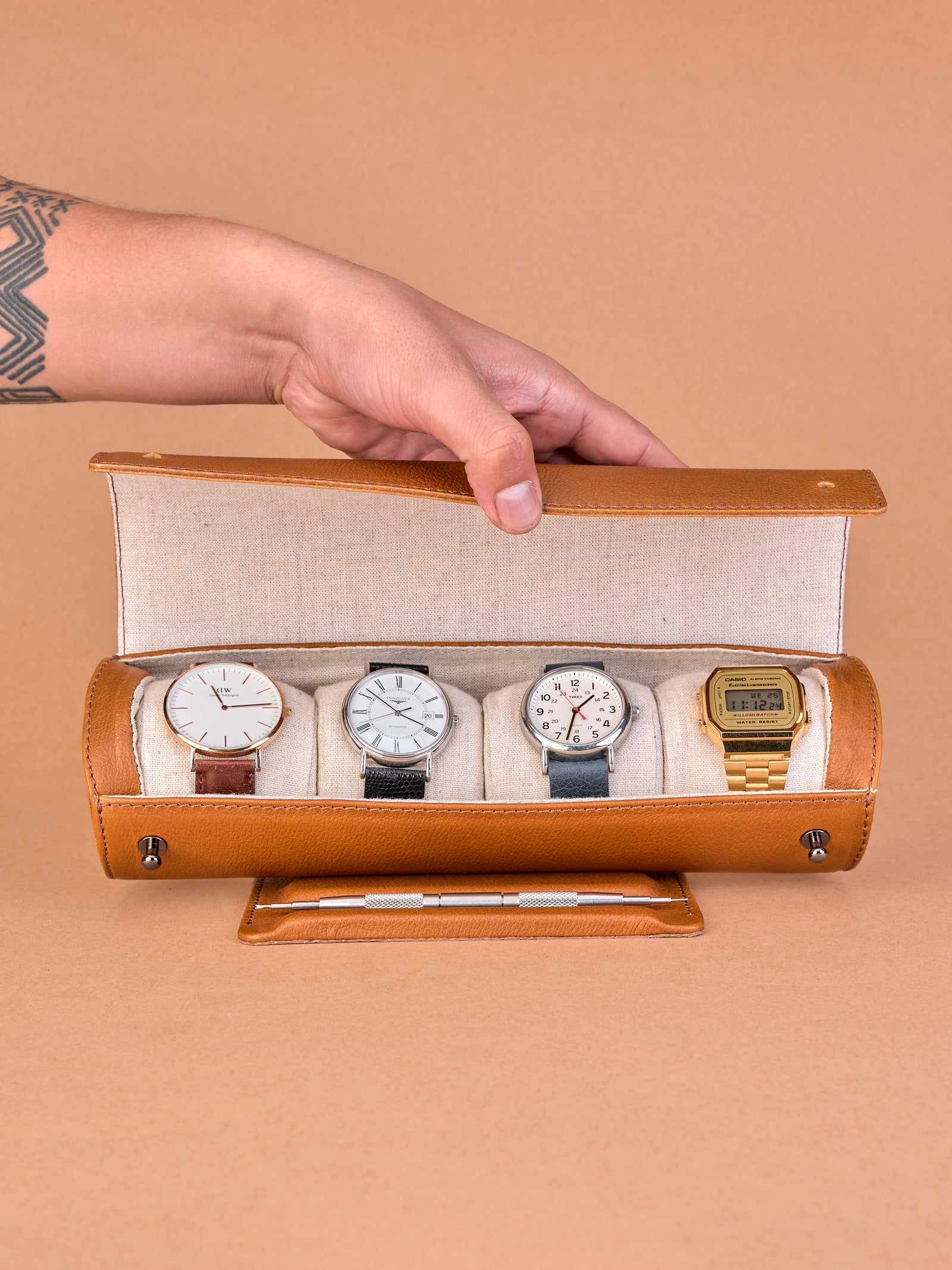 Brown Leather Watch Case Roll 3-4 Watches Men Travel Wrist 