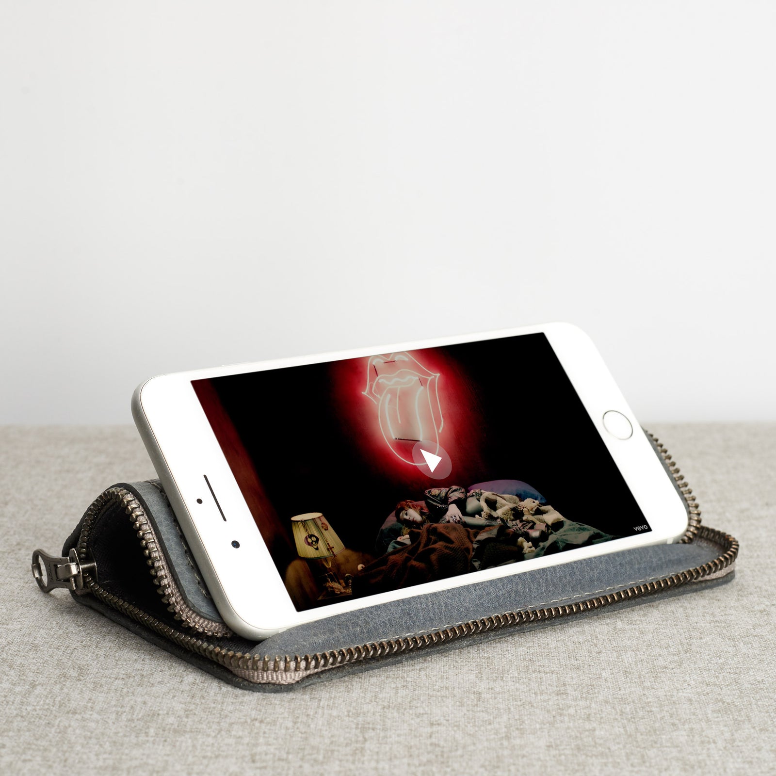 Grey iPhone leather wallet stand case for mens gifts. iPhone x, iPhone 10, iPhone 8 plus leather stand sleeve