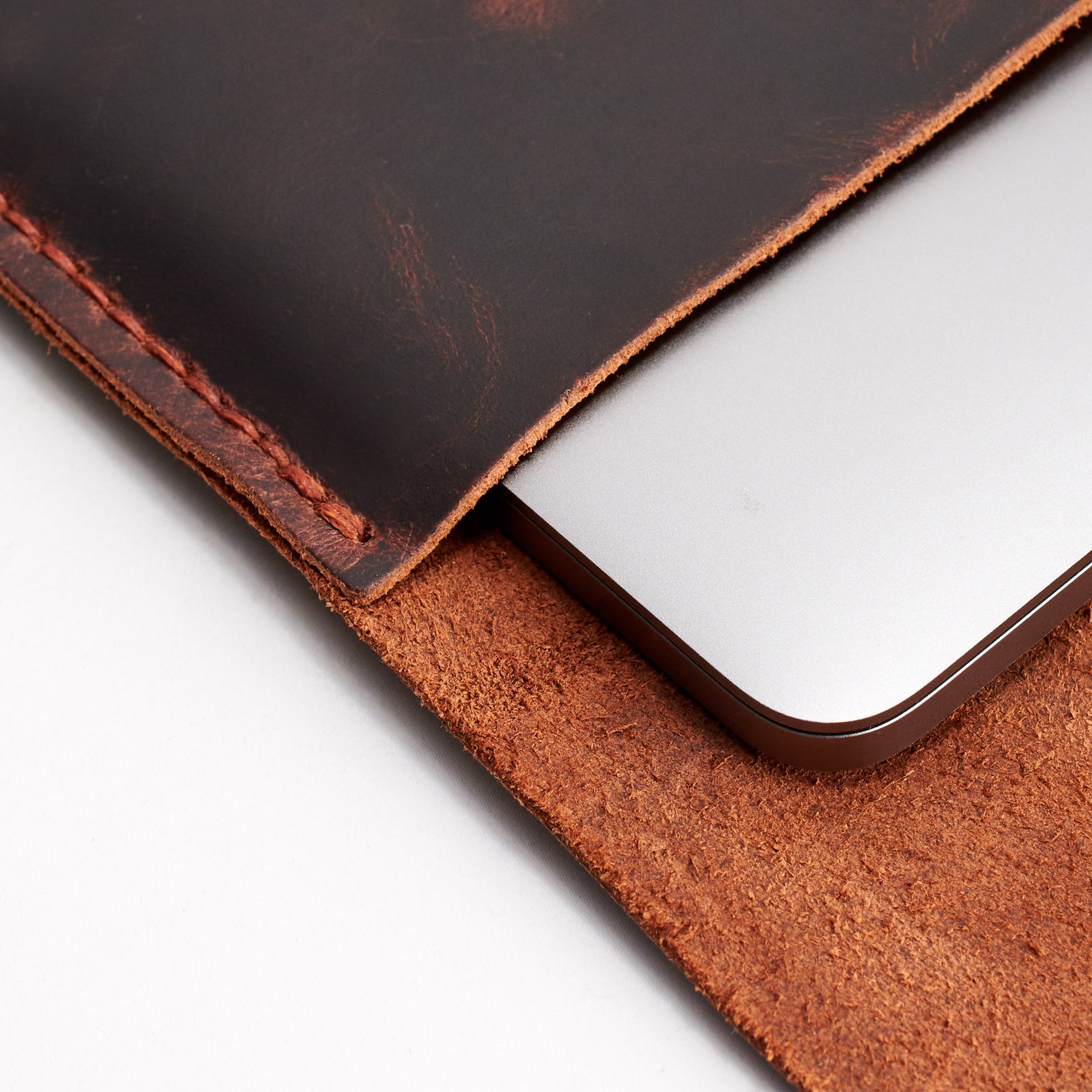 Hand stitch. Red brown leather case for Macbook pro touch bar. Leather mens Apple's laptop sleeve for men