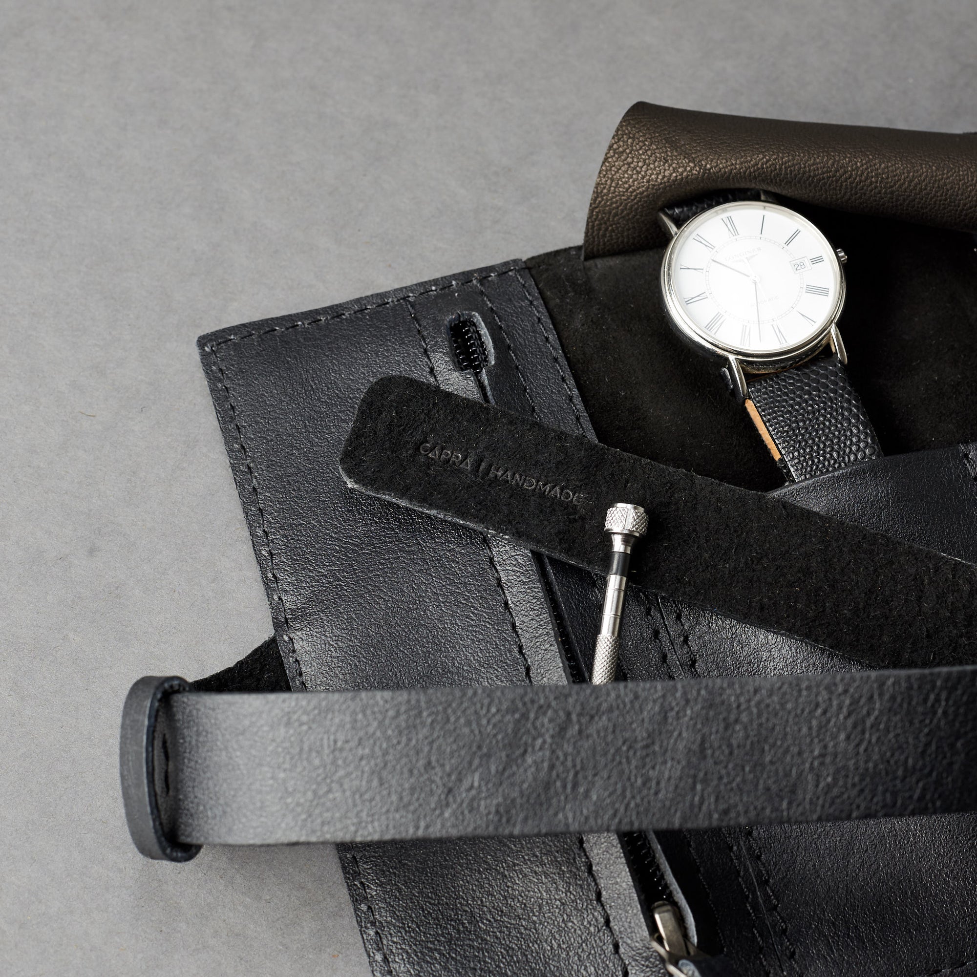 Longines watch case. Suede watch roll black by Capra Leather
