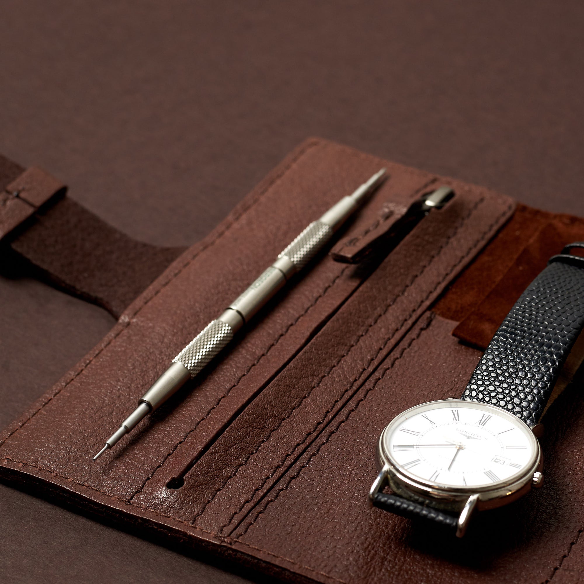 Longines master collection. 3 watch travel roll brown by Capra Leather