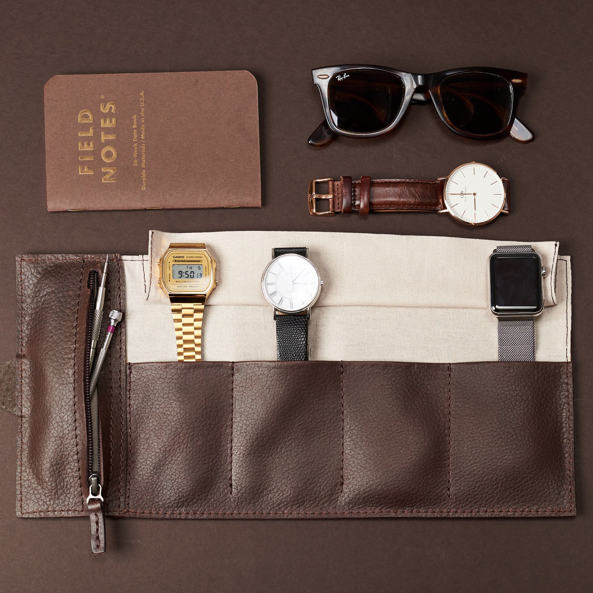 Apple watch travel case dark brown by Capra Leather