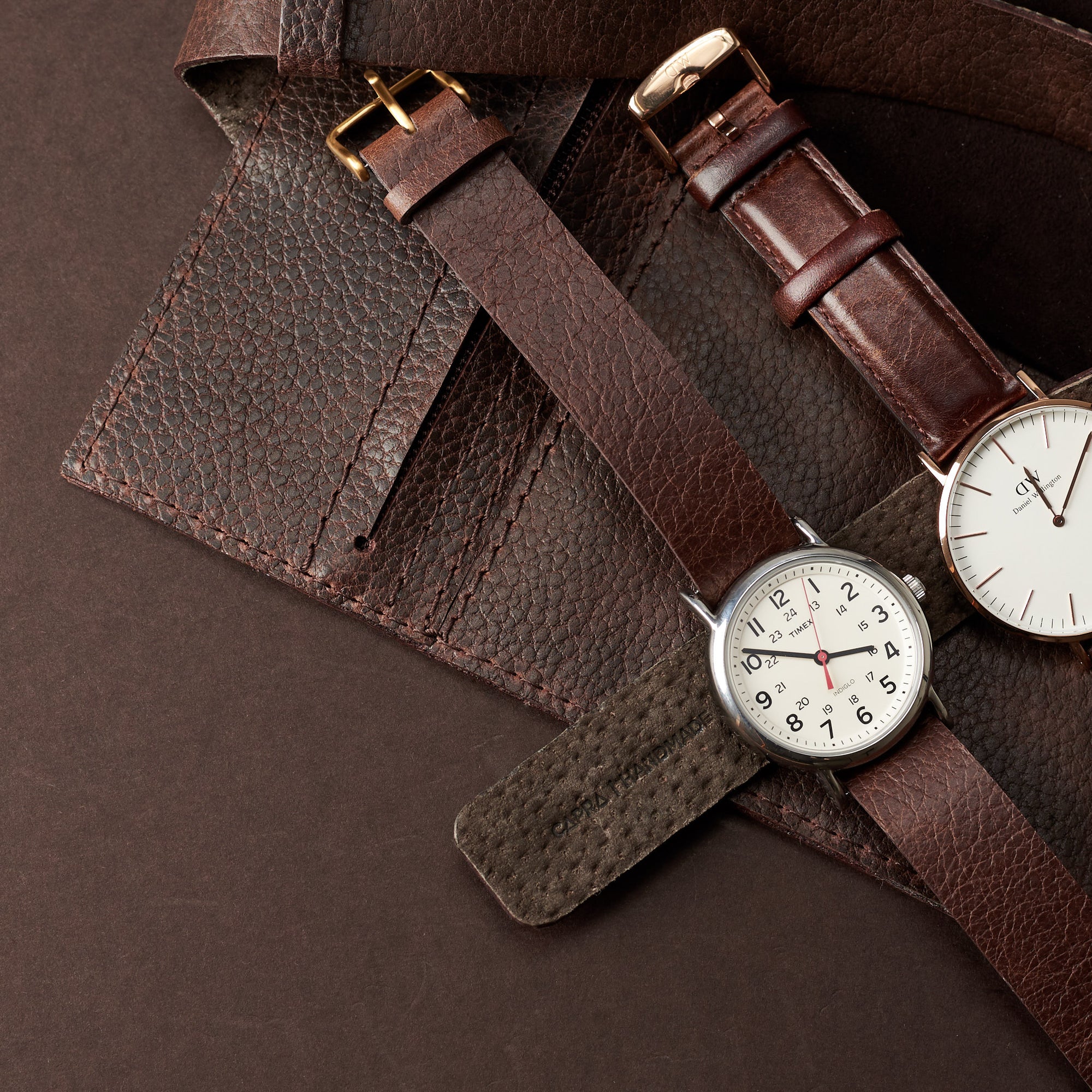 Timex watches case. Watch roll travel dark brown by Capra Leather