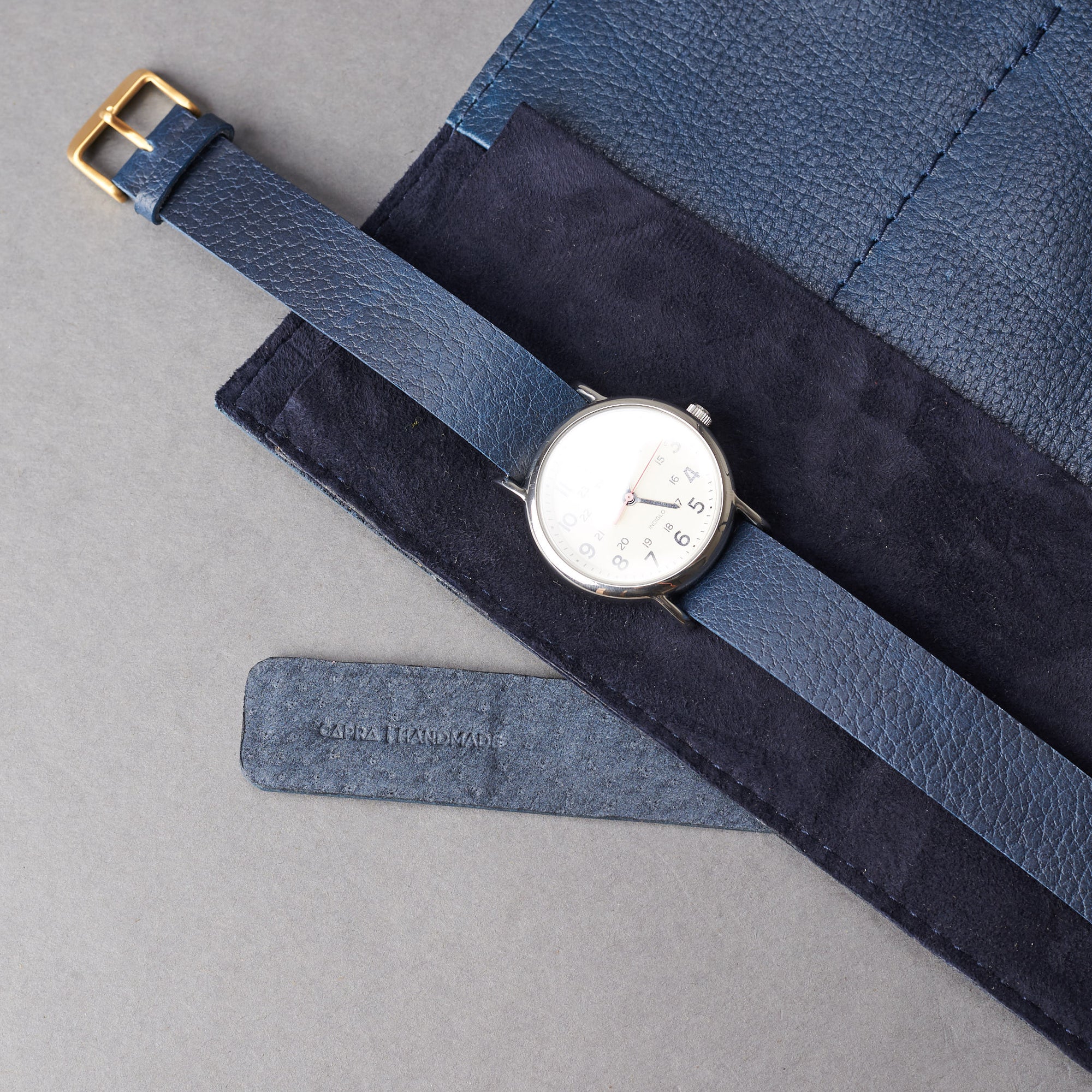 Timex weekender watch roll navy by Capra Leather
