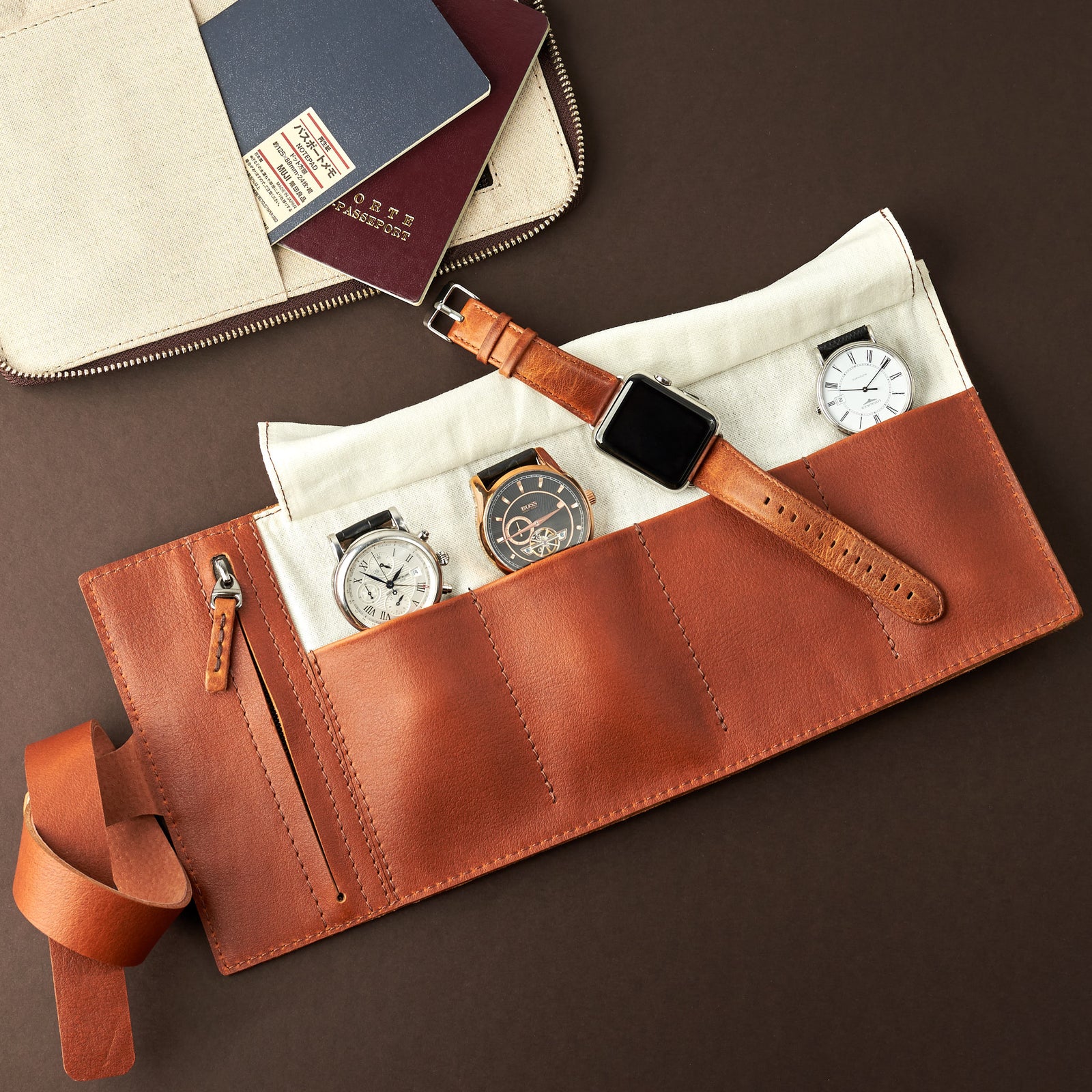 Leather watch roll tan by Capra Leather