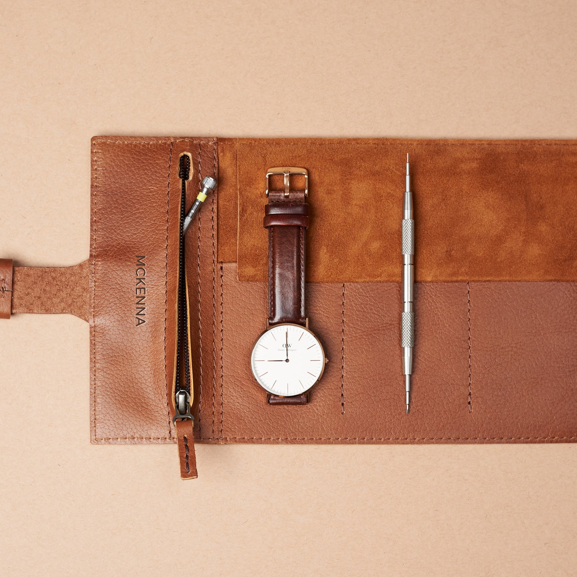 Watch travel pouch tan by Capra Leather