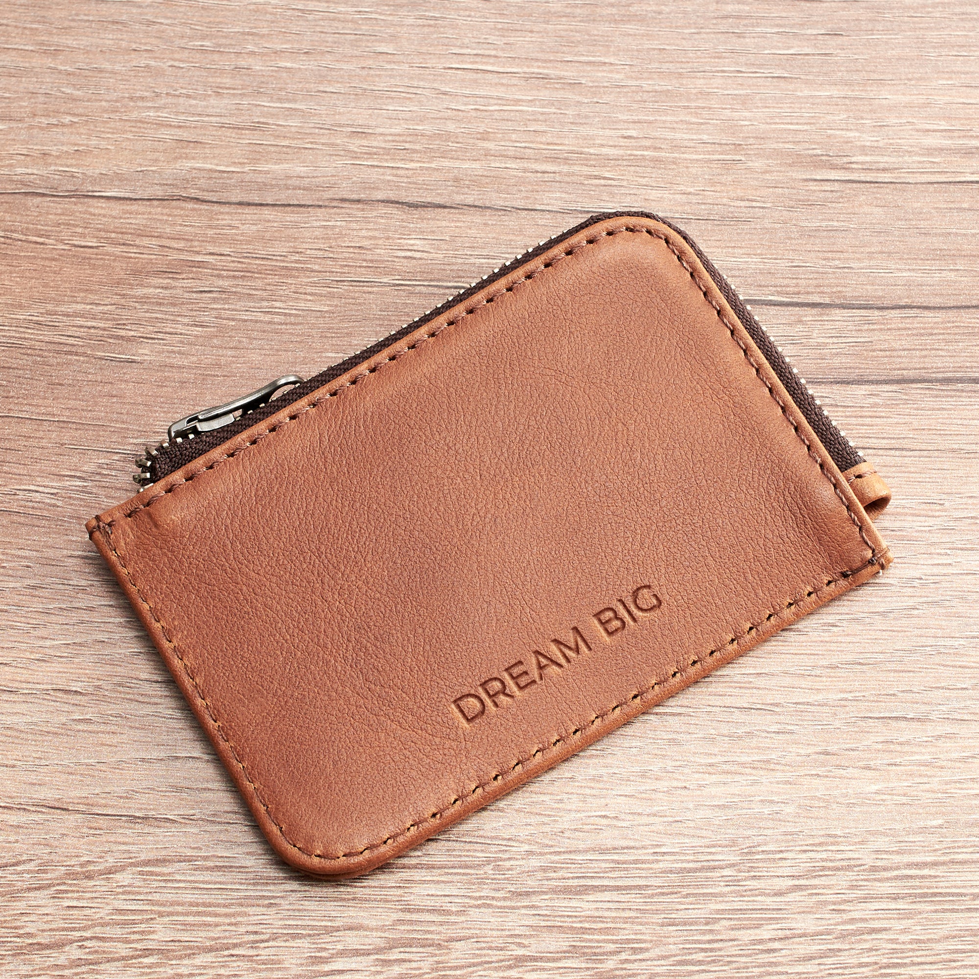 Custom monogram. Cover. Minimalist tan zipper card holder. Men's bills and coins wallet. Slim designer credit cards holder