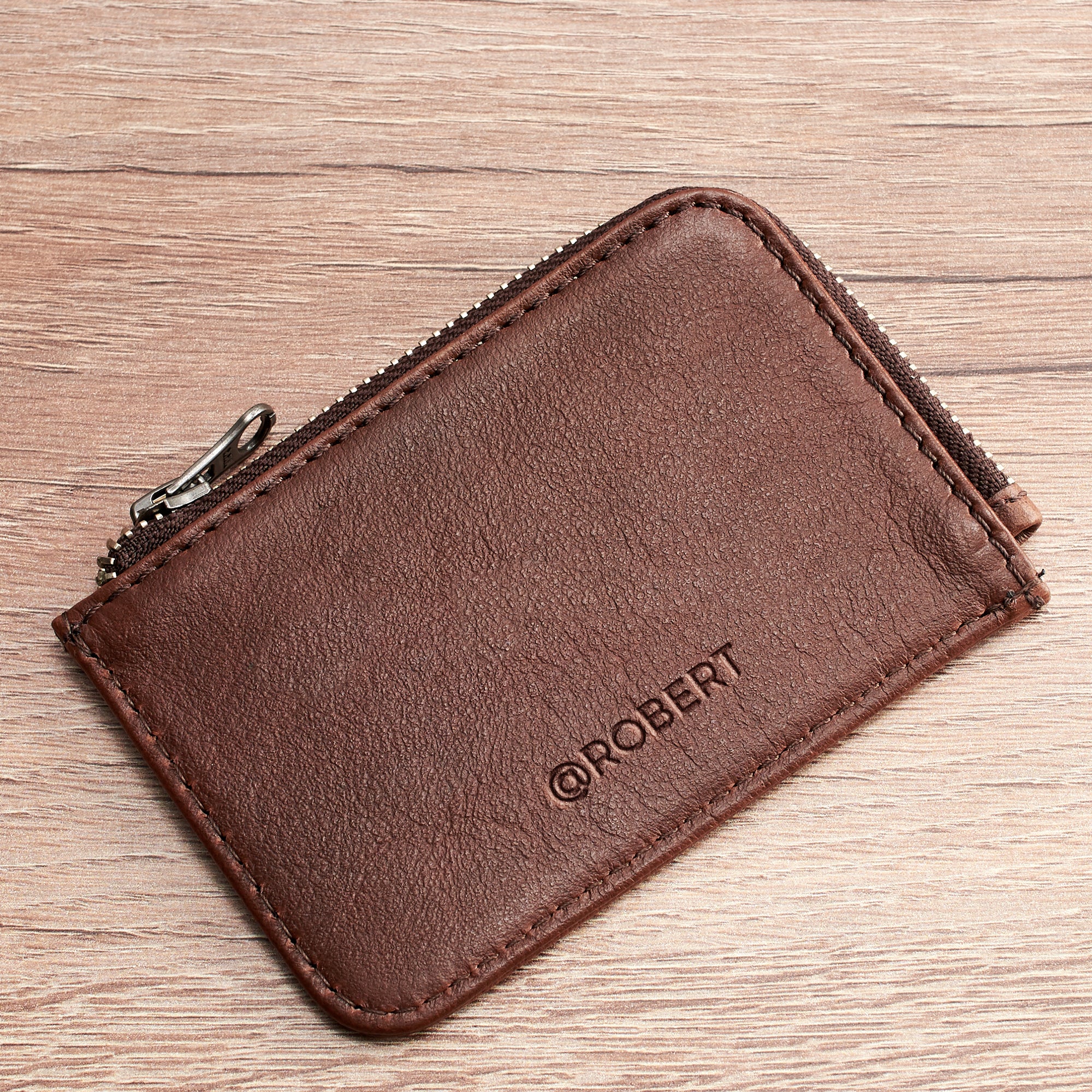 Designer cards pouch. Minimalist brown zipper card holder. Men's bills and coins wallet. Slim designer credit cards holder