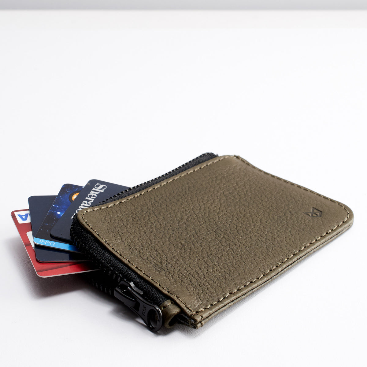 Style. Minimalist green zipper card holder. Men's bills and coins wallet. Slim designer credit cards holder