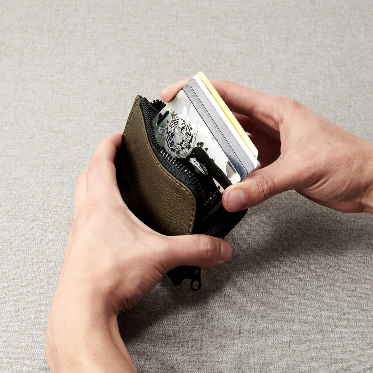 Men's gift. Minimalist green zipper card holder. Men's bills and coins wallet. Slim designer credit cards holder