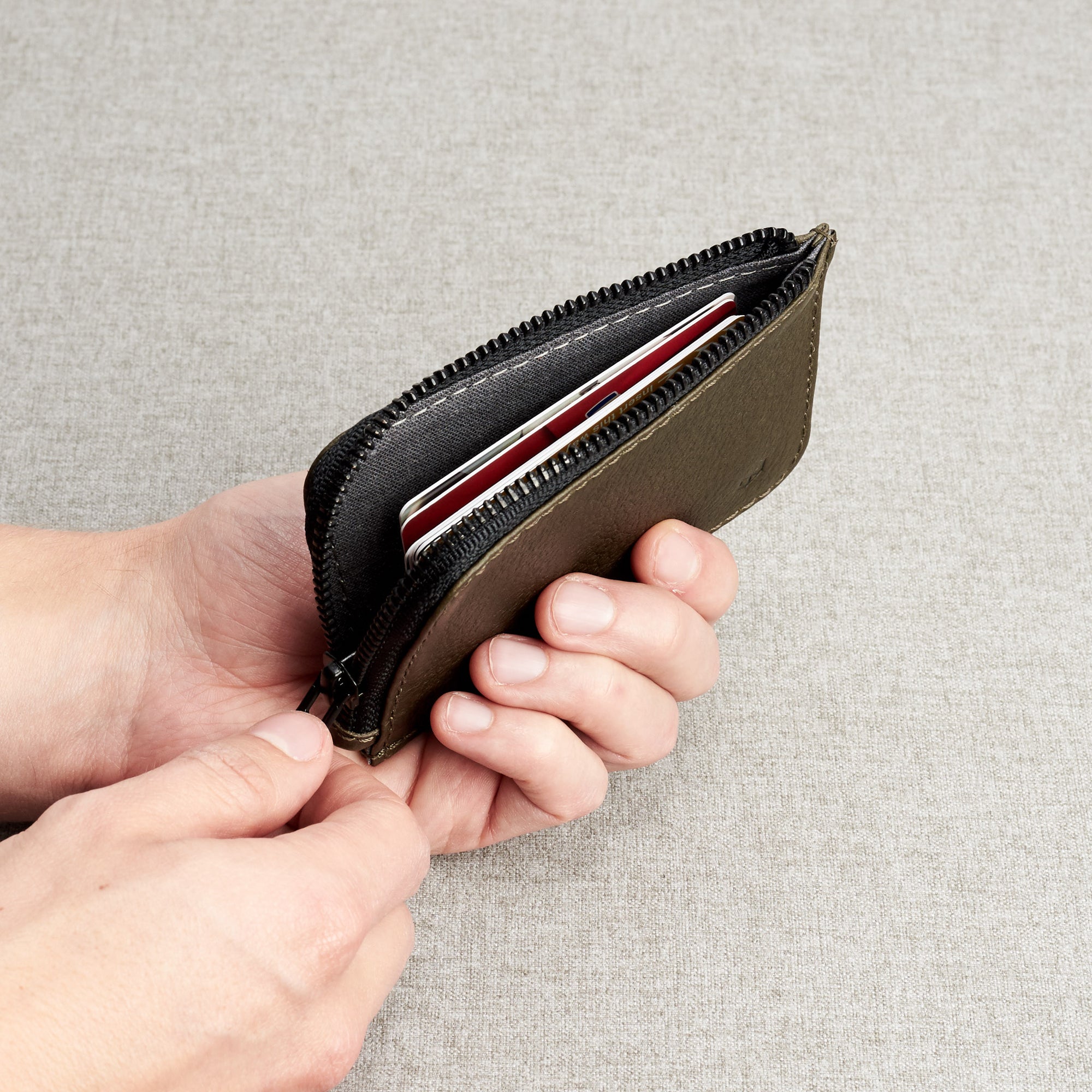 Wallet pouch. Minimalist green zipper card holder. Men's bills and coins wallet. Slim designer credit cards holder