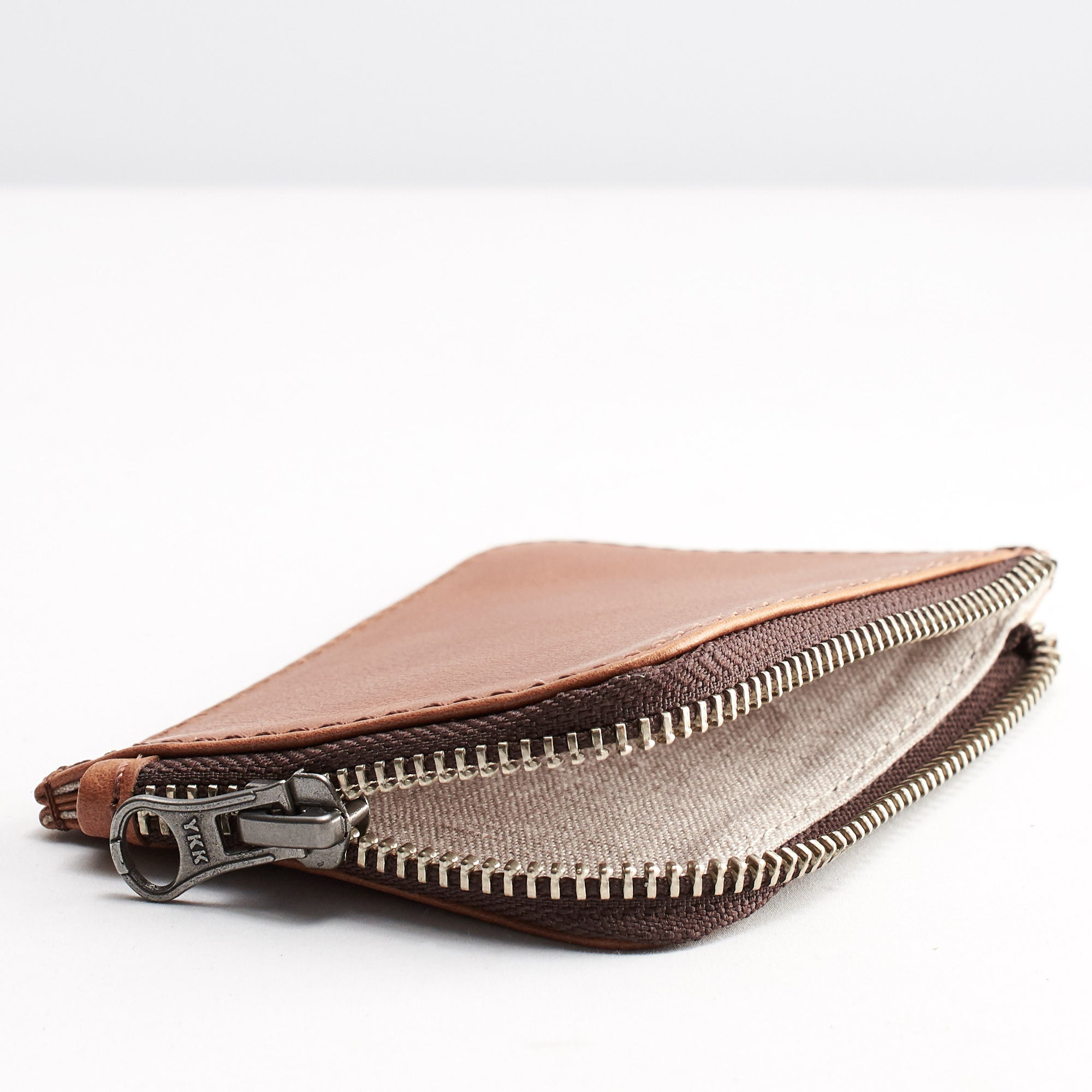 Linen interior. Cover. Minimalist tan zipper card holder. Men's bills and coins wallet. Slim designer credit cards holder