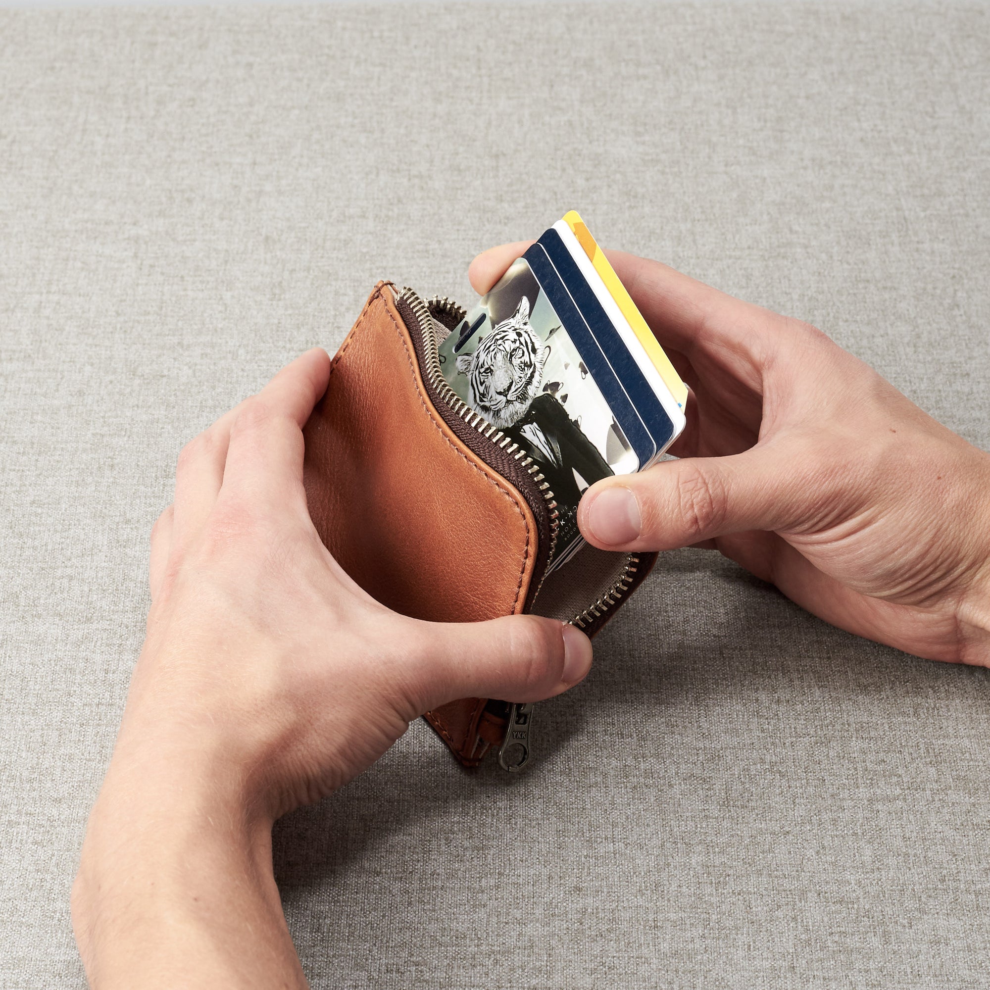 Gift for men. Cover. Minimalist tan zipper card holder. Men's bills and coins wallet. Slim designer credit cards holder