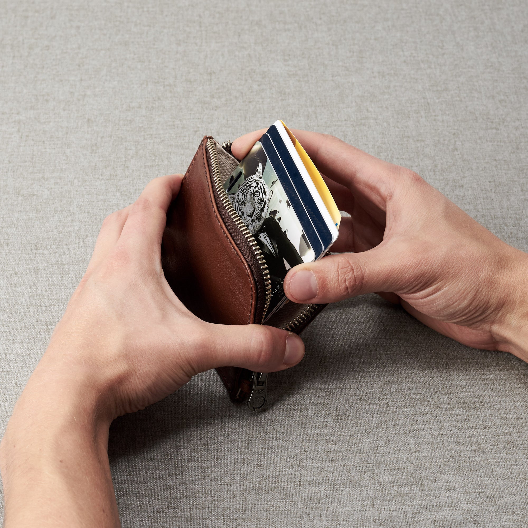 Gift for men. Minimalist brown zipper card holder. Men's bills and coins wallet. Slim designer credit cards holder
