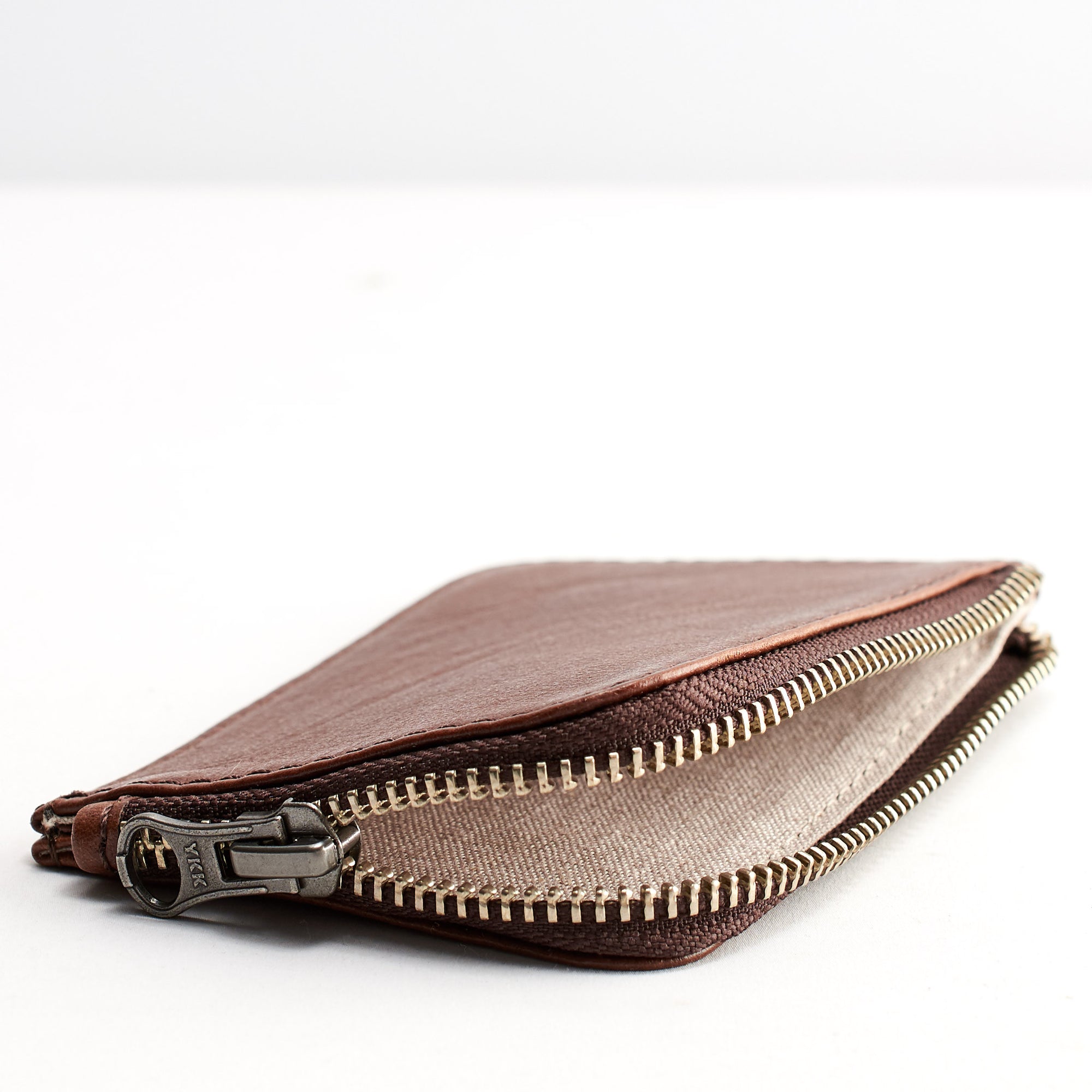 Linen interior. Minimalist brown zipper card holder. Men's bills and coins wallet. Slim designer credit cards holder