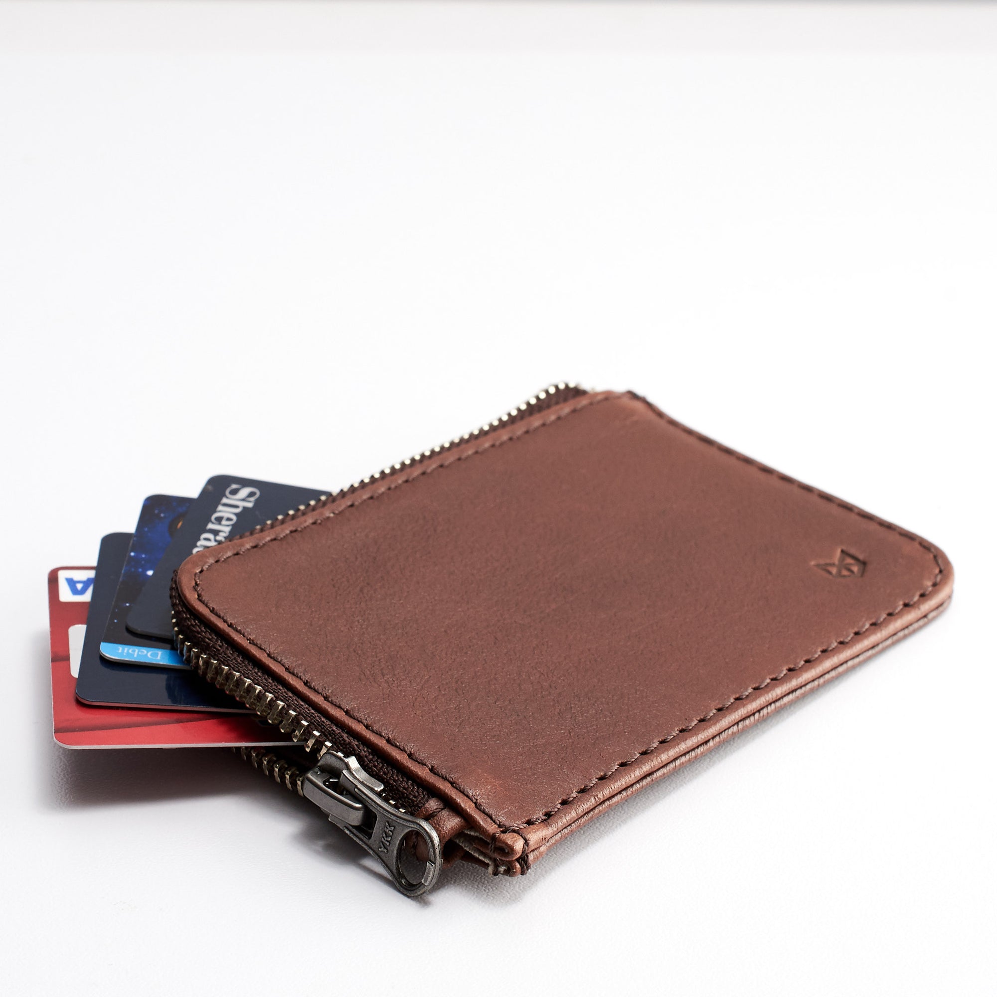 Style. Minimalist brown zipper card holder. Men's bills and coins wallet. Slim designer credit cards holder
