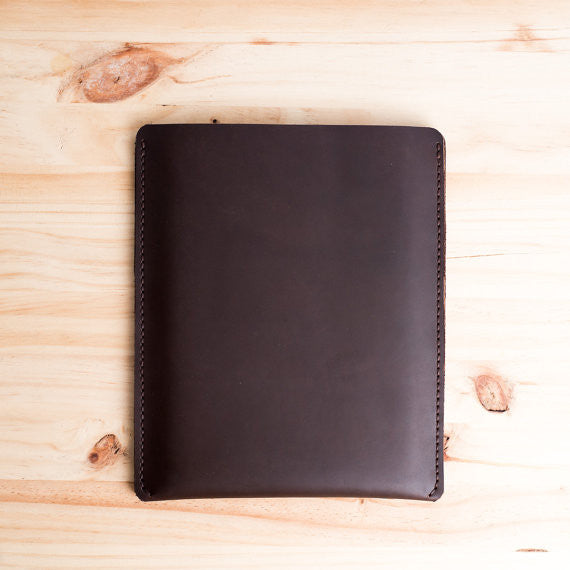 Back. Dark brown iPad pro leather sleeve. Unique designer mens leather folio for Apple's tablet 