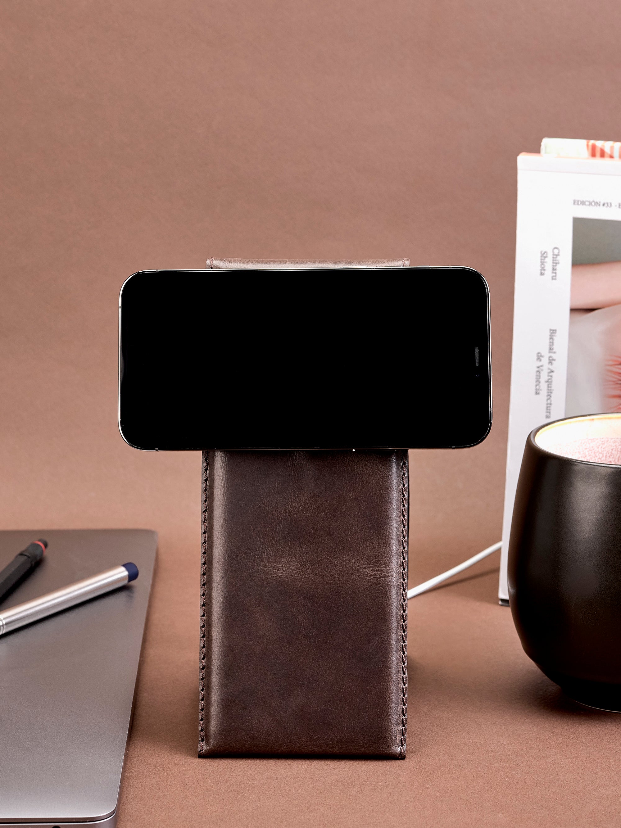 iPhone 12 Pro. MagSafe iPhone Holder Stand Marron by Capra Leather