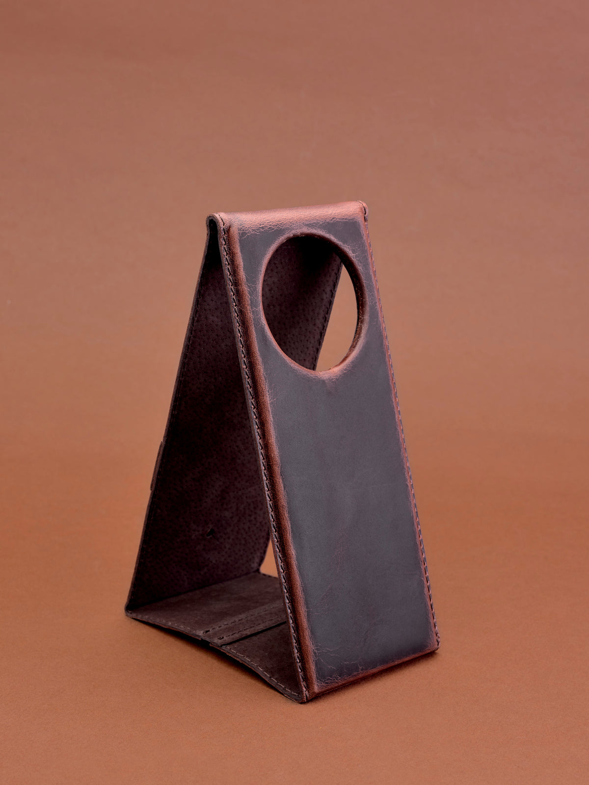 iPhone accessory. MagSafe iPhone Holder Stand Distressed Cognac by Capra Leather