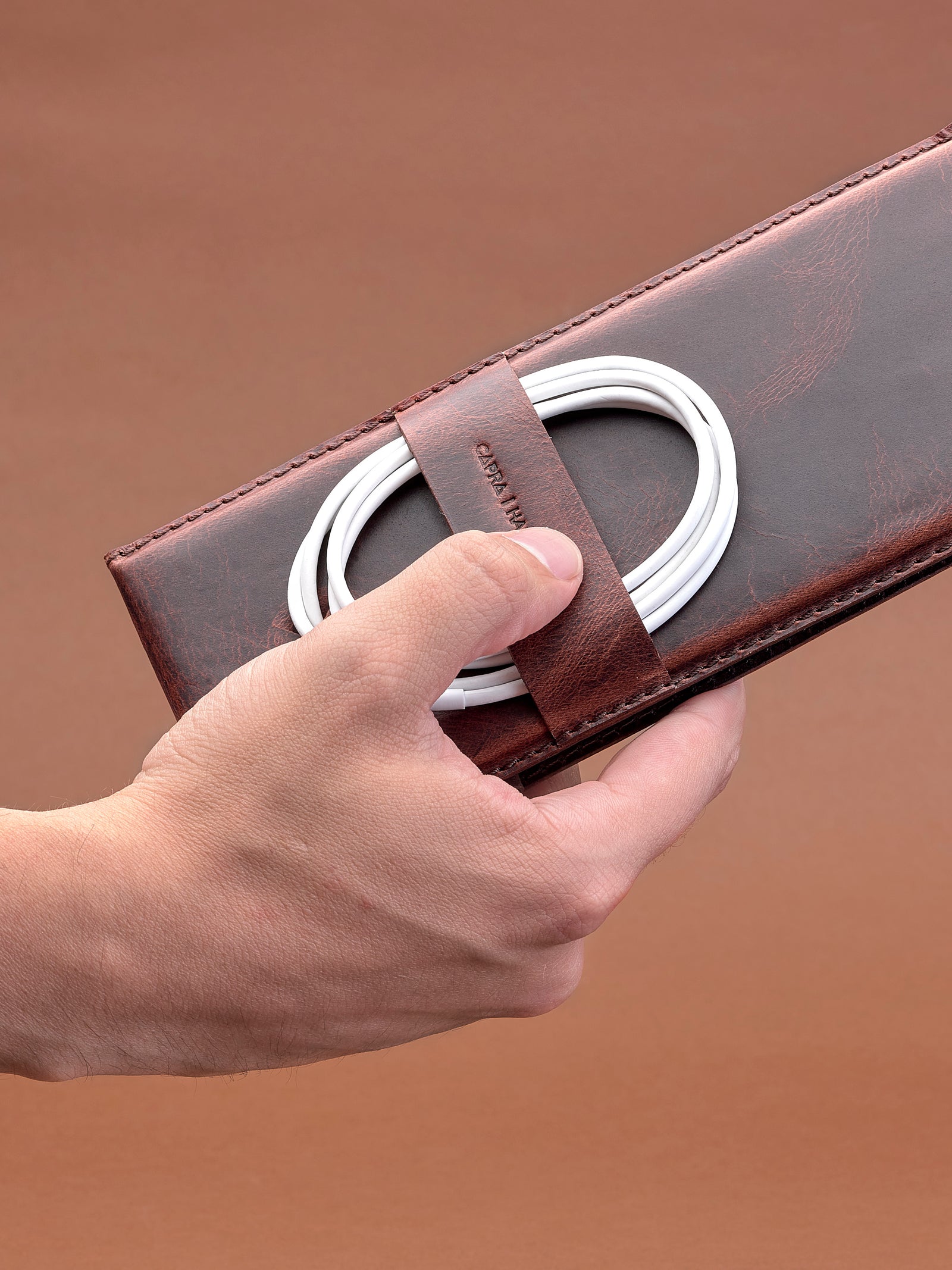 Easy to carry. MagSafe iPhone Holder Stand Distressed Cognac by Capra Leather